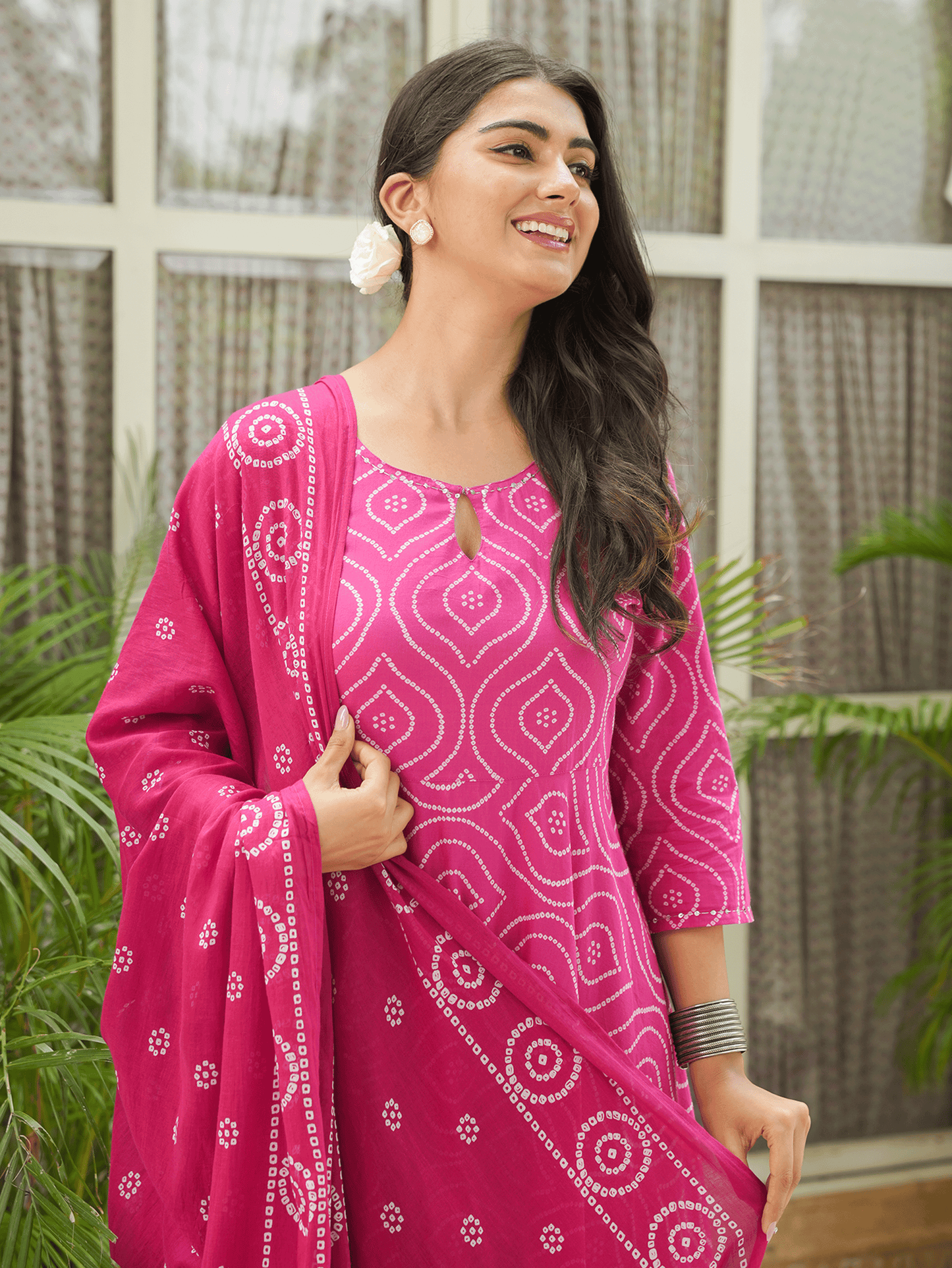 Embroidered Soft Cotton Bandhani Anarkali Pink Kurta
