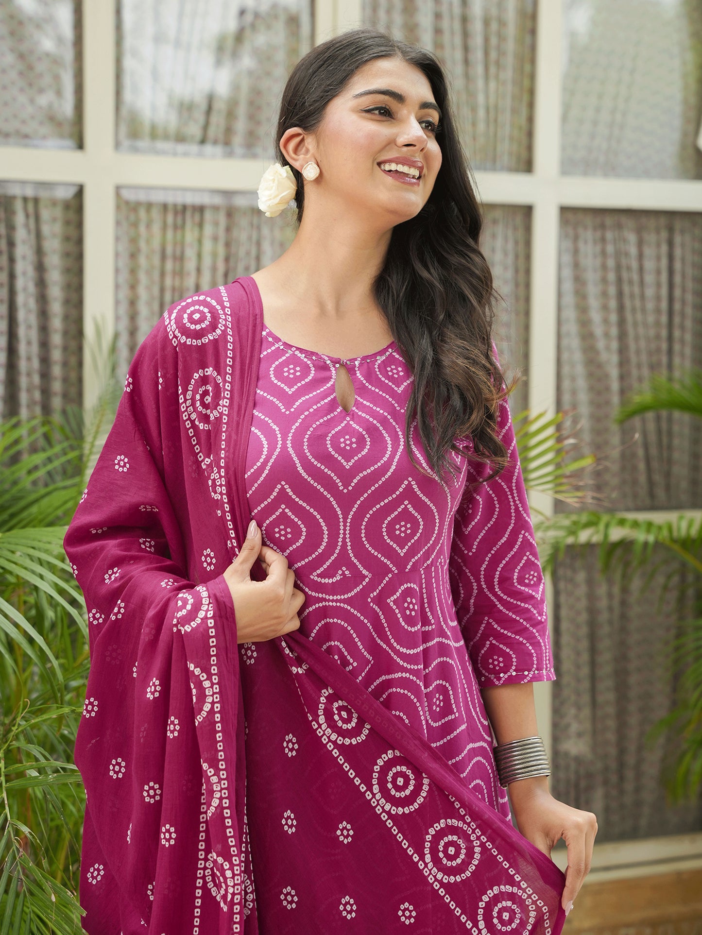 Embroidered Soft Cotton Bandhani Anarkali Pink Kurta