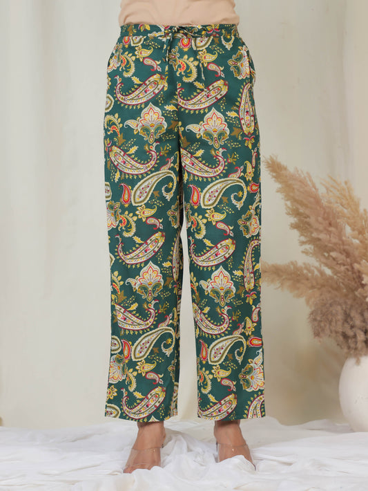 Soft Cotton Paisley Green Straight Trousers