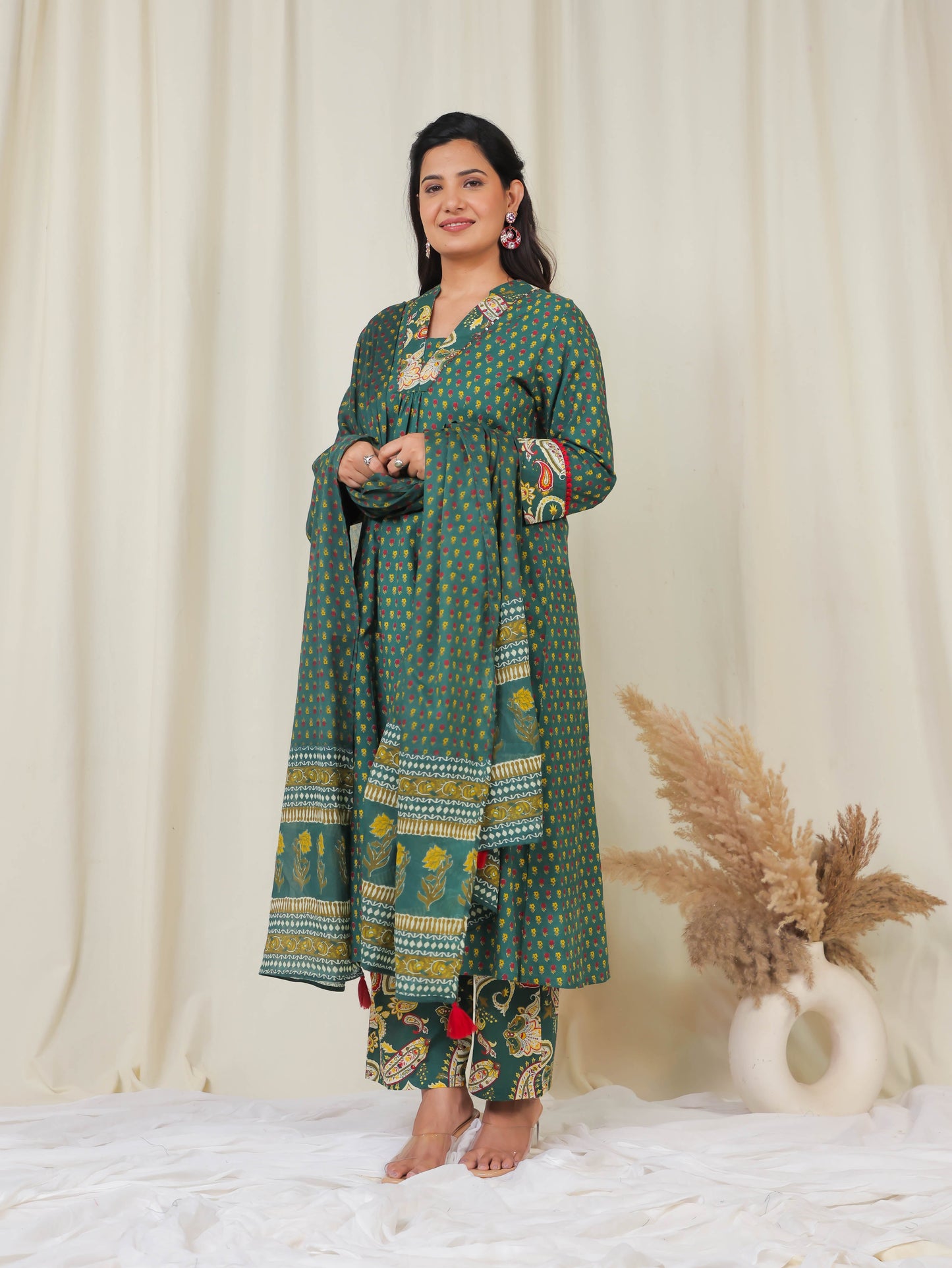 Embroidered Soft Cotton Ditsy A-line Green Kurta