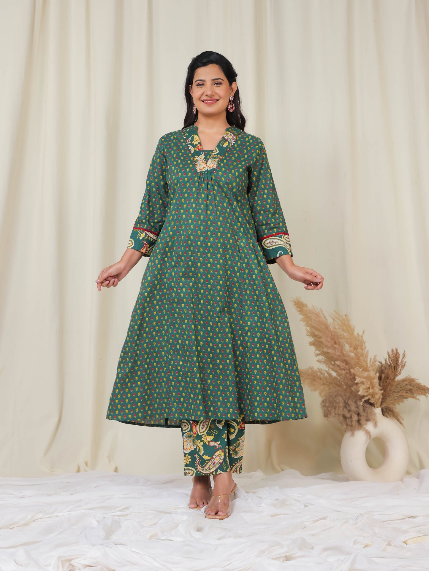 Embroidered Soft Cotton Ditsy A-line Green Kurta