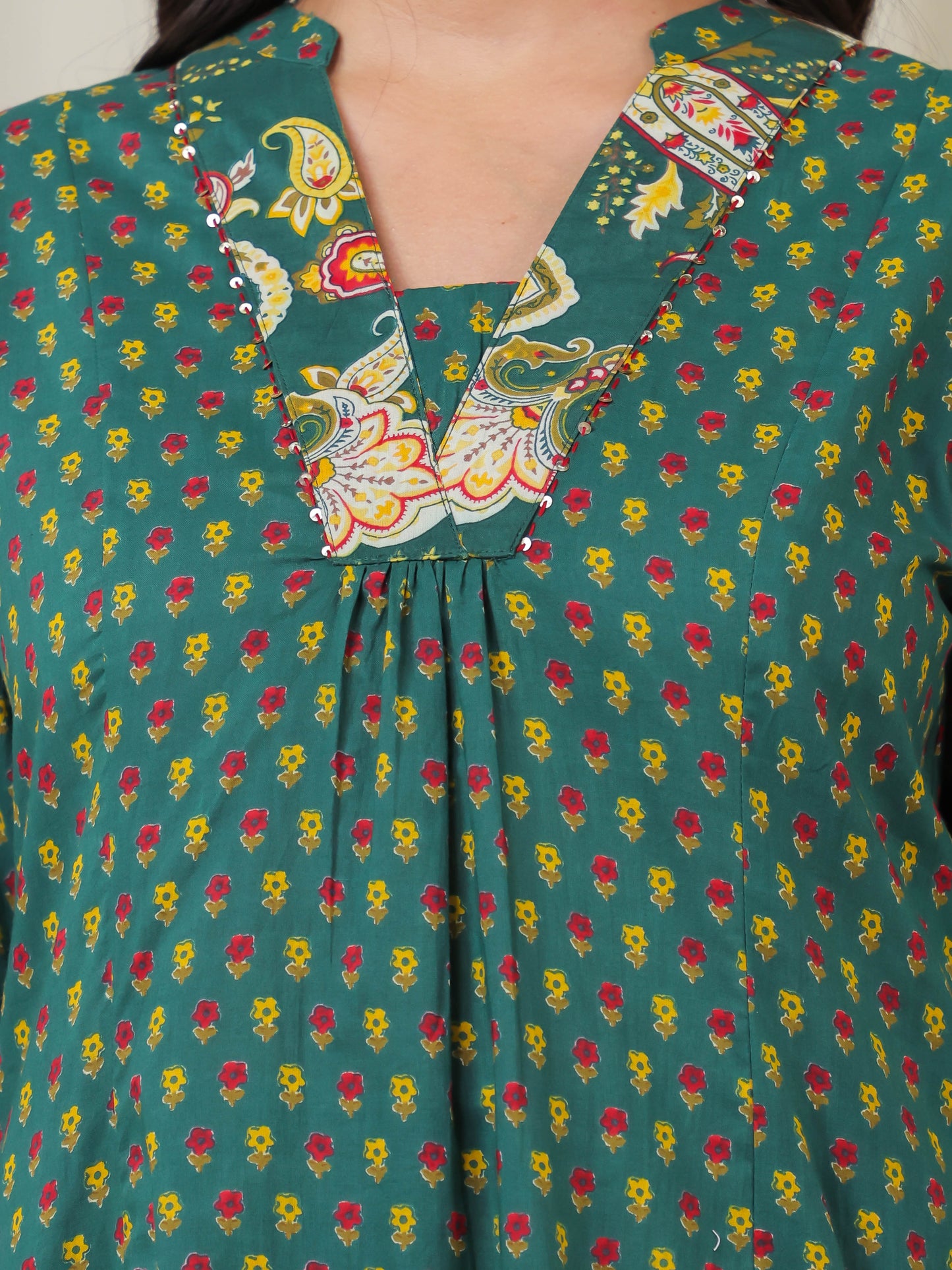 Embroidered Soft Cotton Ditsy A-line Green Kurta