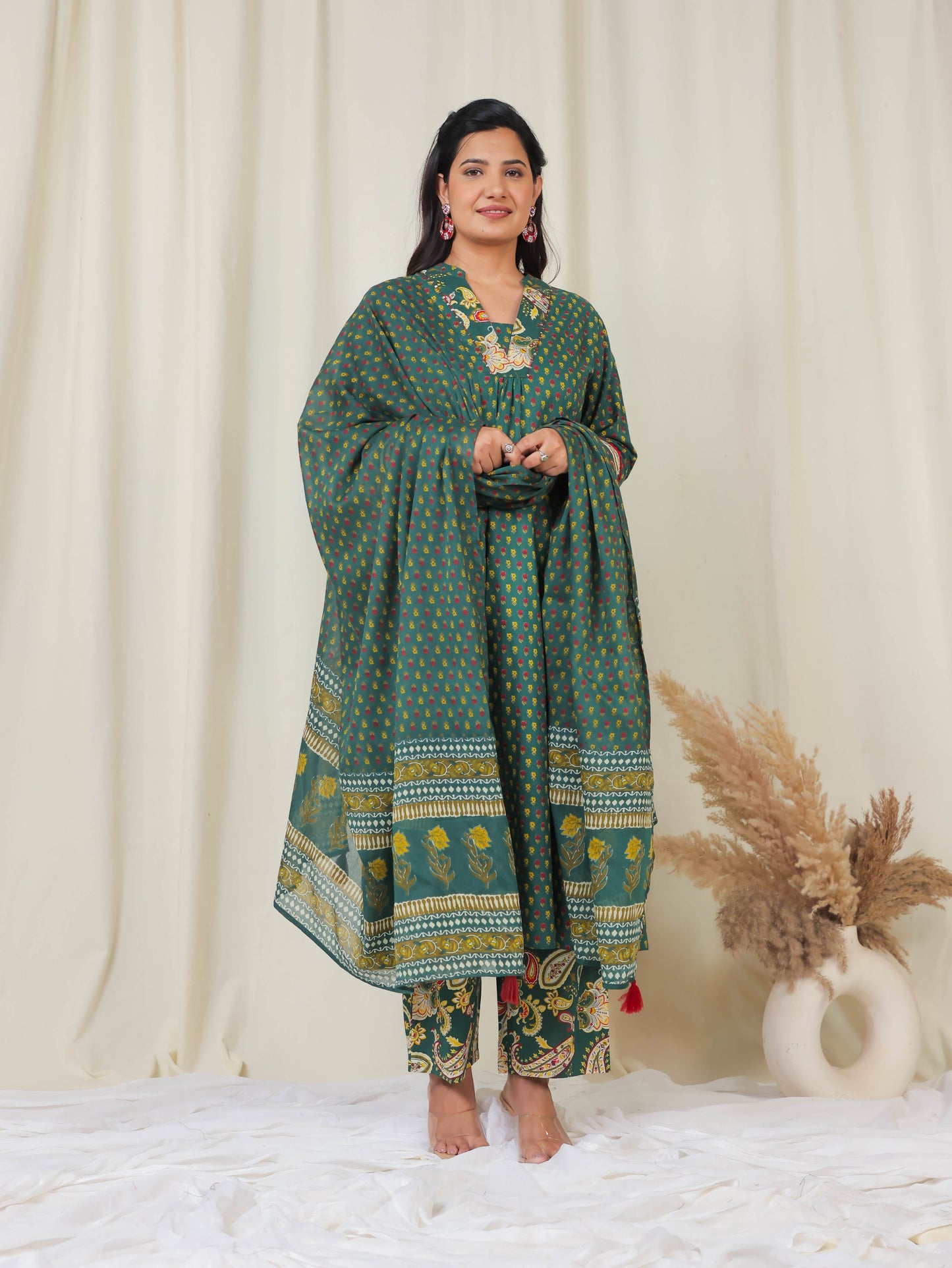 Embroidered Soft Cotton Ditsy A-line Green Kurta