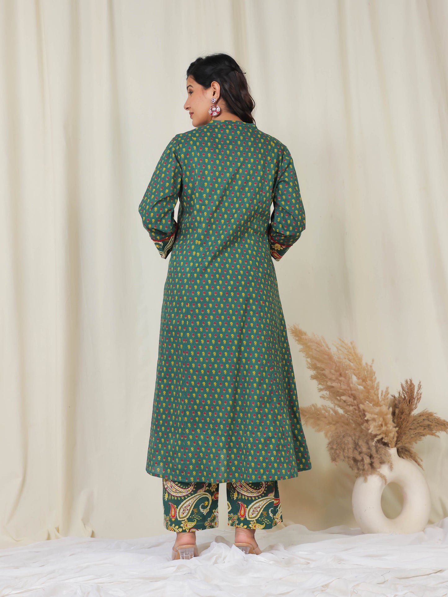 Embroidered Soft Cotton Ditsy A-line Green Kurta