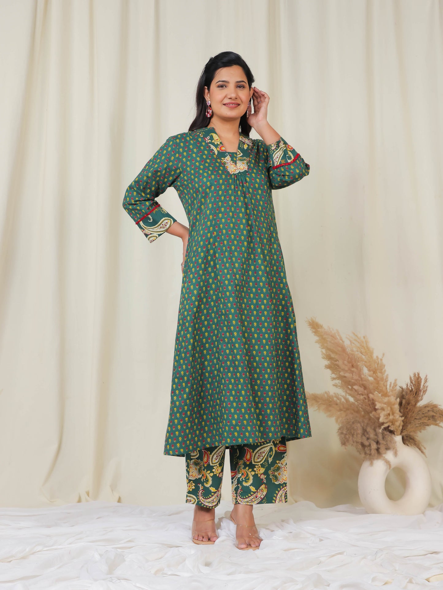 Embroidered Soft Cotton Ditsy A-line Green Kurta