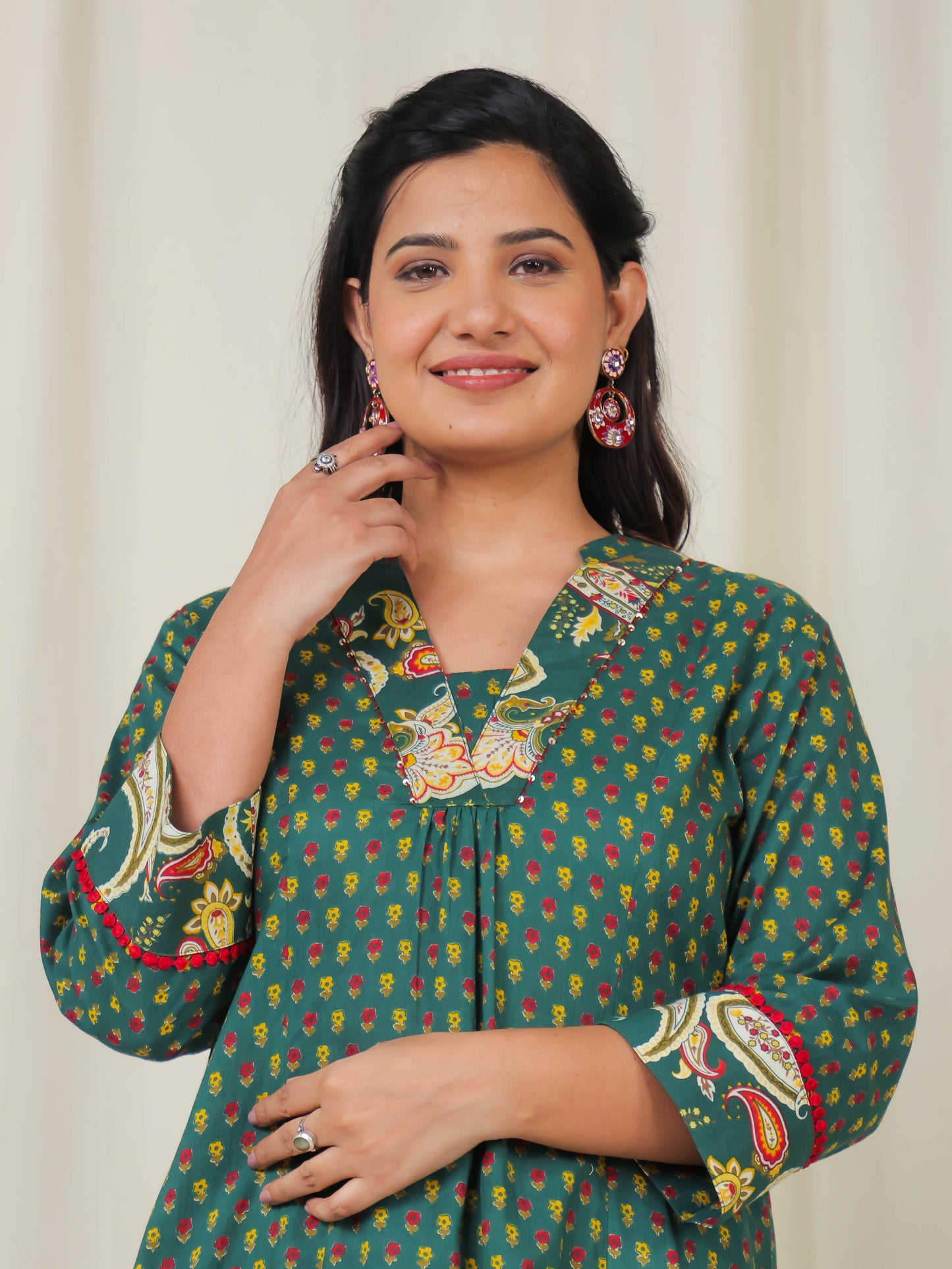 Embroidered Soft Cotton Ditsy A-line Green Kurta