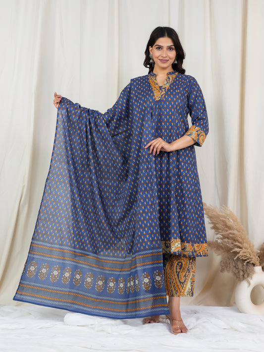 Embroidered Soft Cotton Butti A-line Blue Kurta