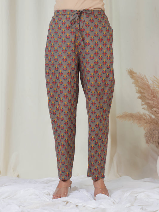 Soft Cotton Block Print Grey Tapered Trousers