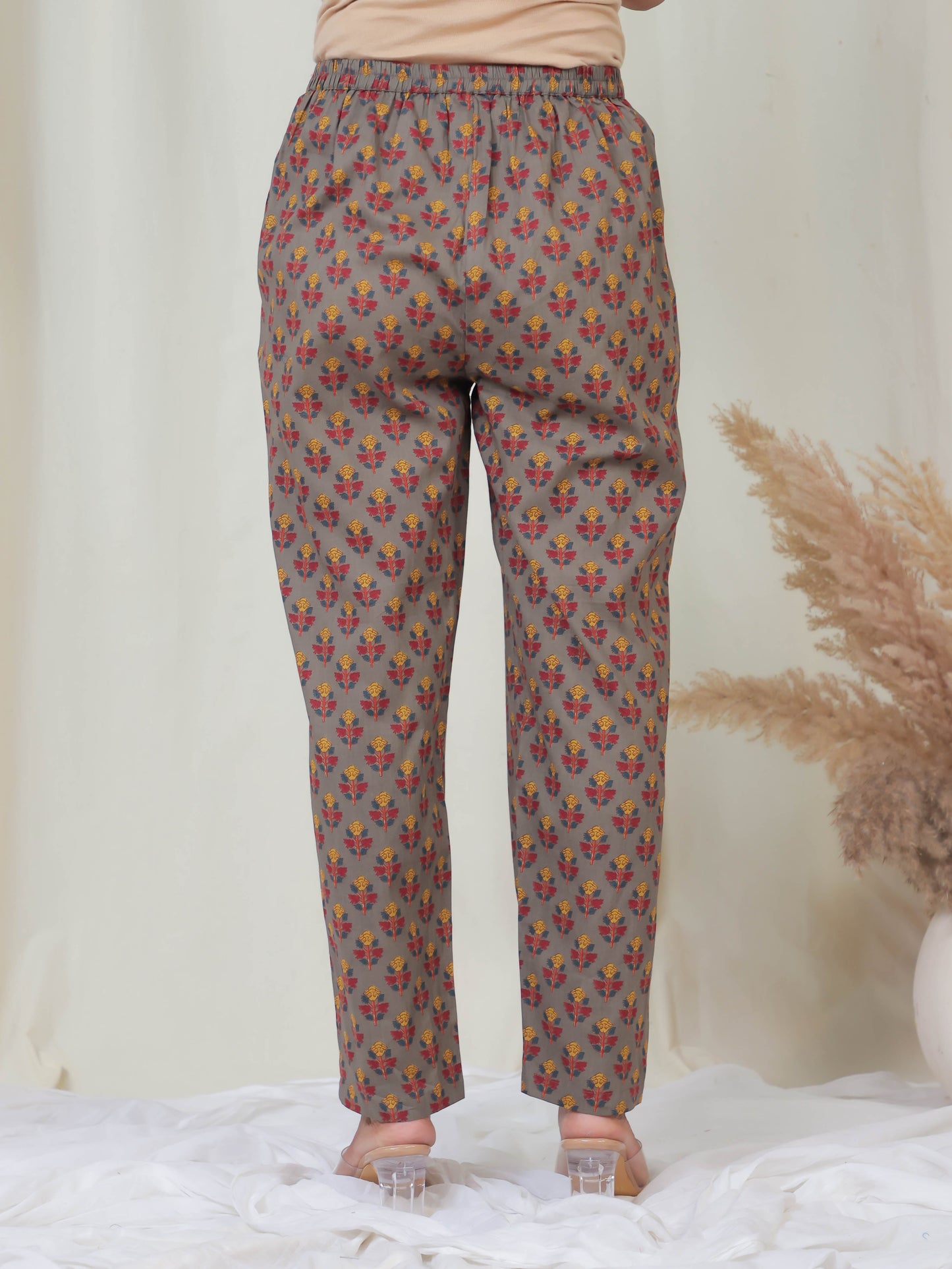 Soft Cotton Block Print Grey Tapered Trousers