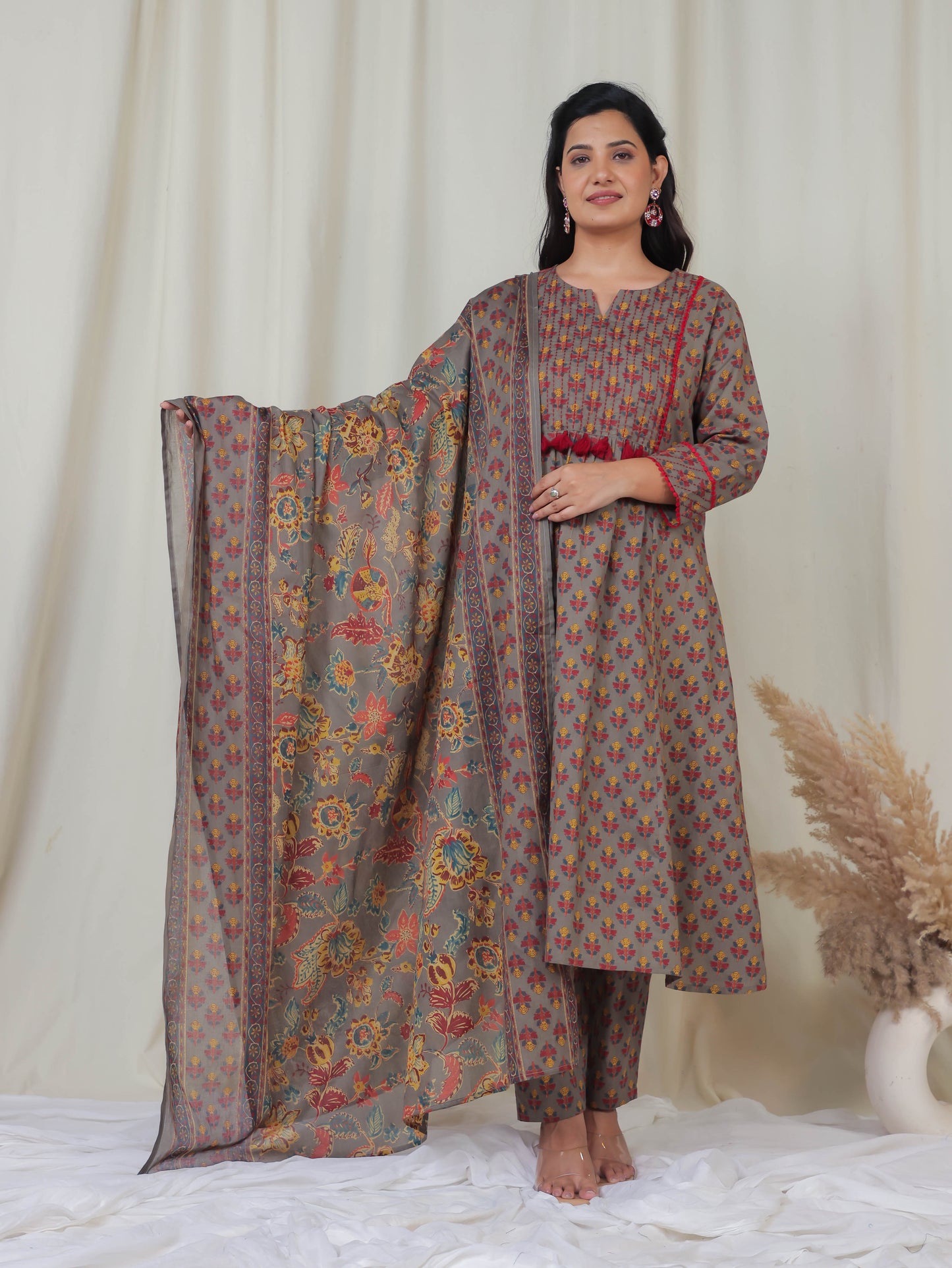 Cotton Voile Block Print Grey Dupatta