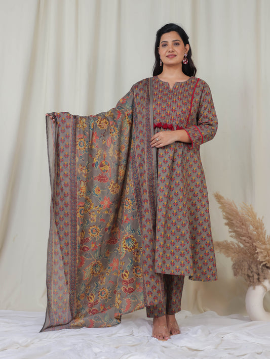 Cotton Voile Block Print Grey Dupatta