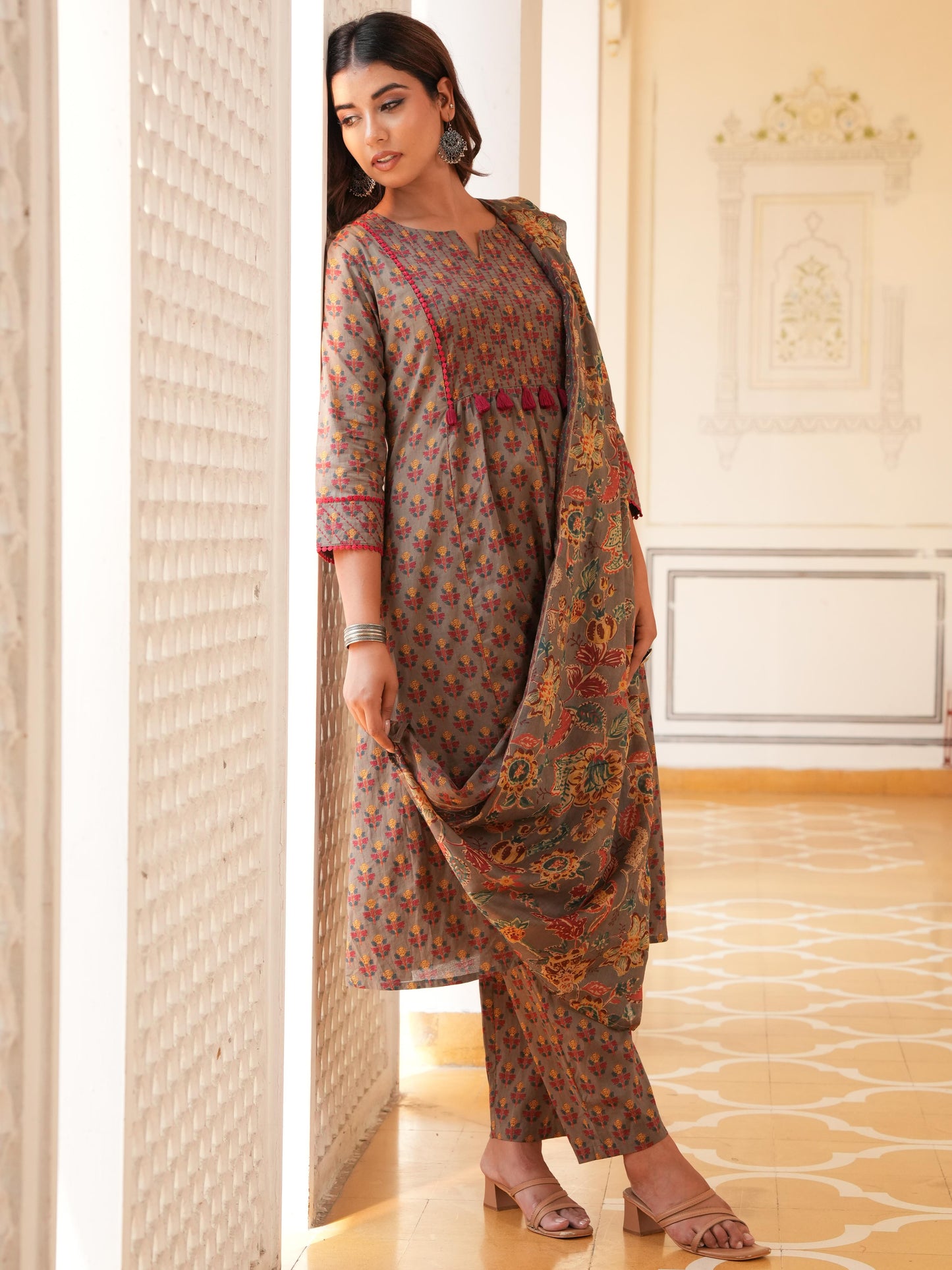 Cotton Voile Block Print Grey Dupatta
