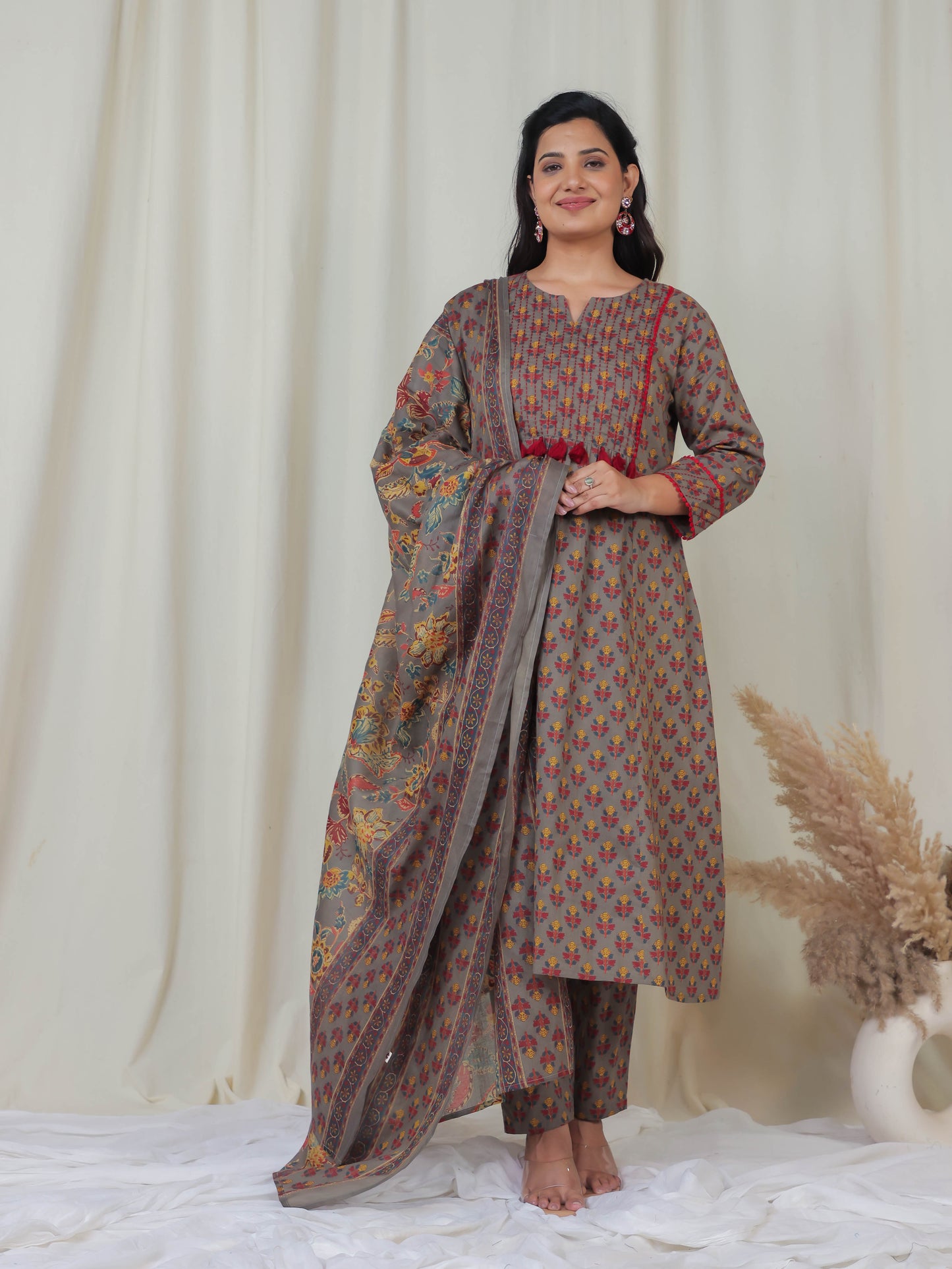 Cotton Voile Block Print Grey Dupatta