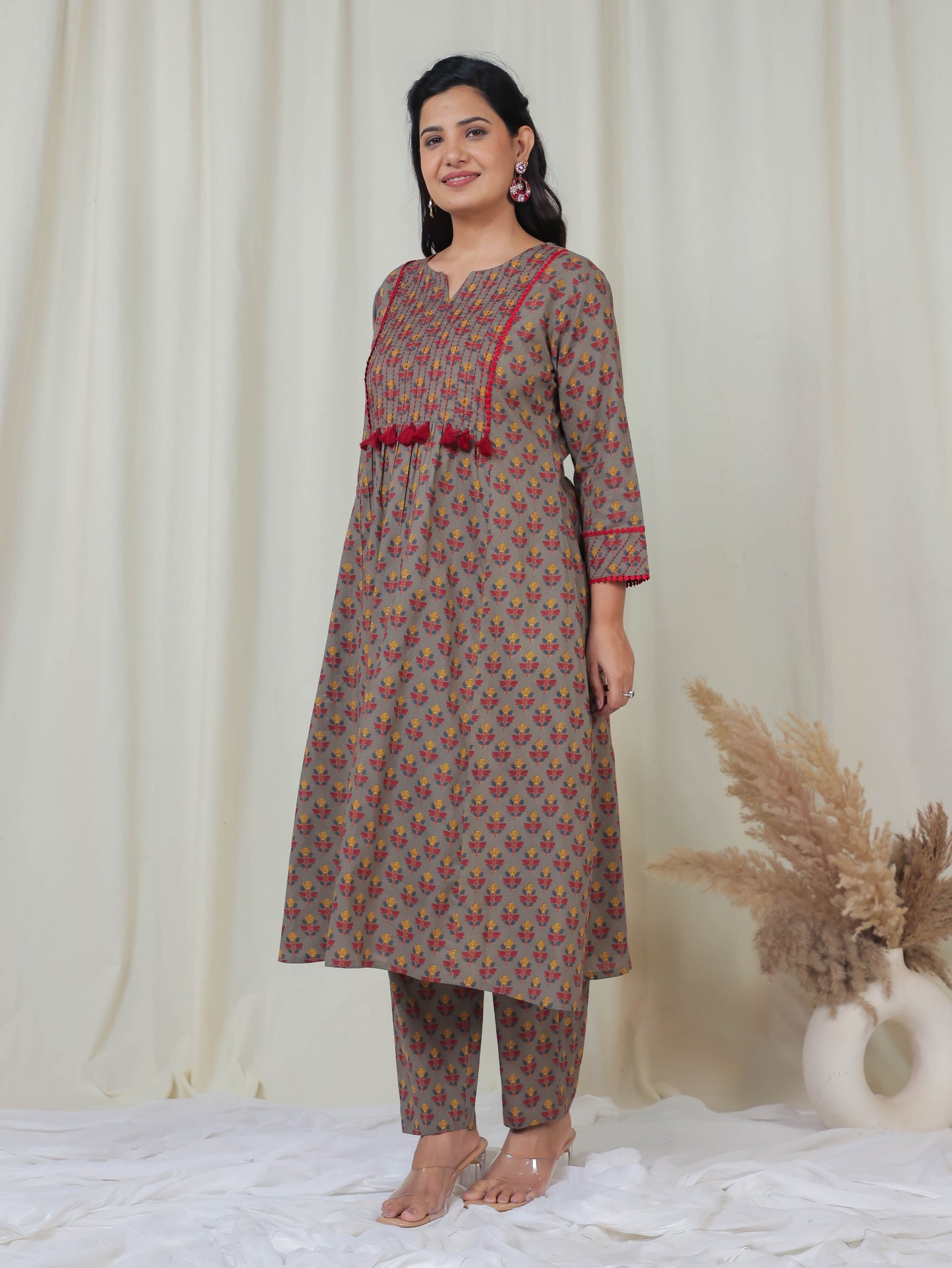 Embroidered Soft Cotton Block Print Panelled Grey Kurta