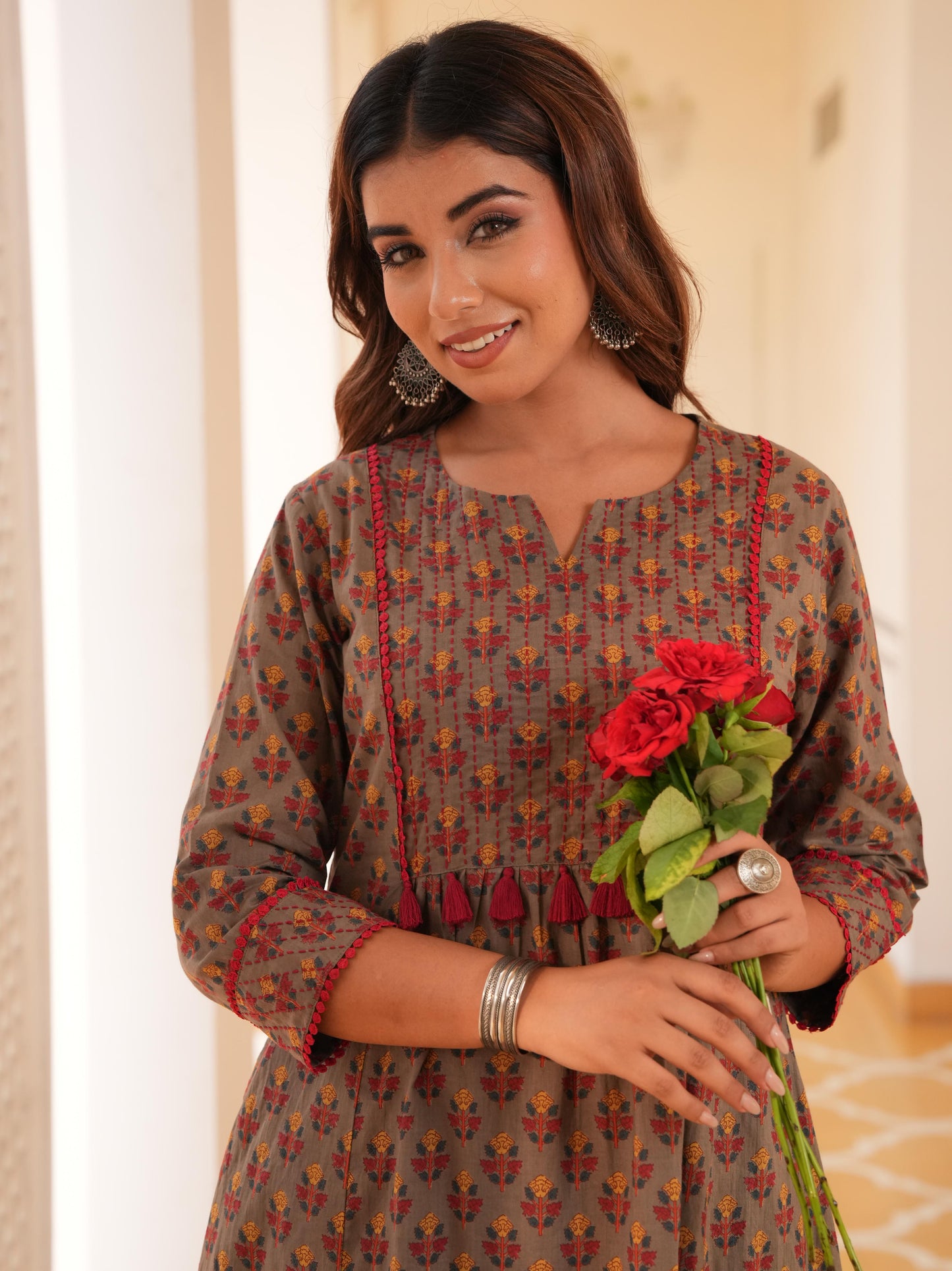 Embroidered Soft Cotton Block Print Panelled Grey Kurta