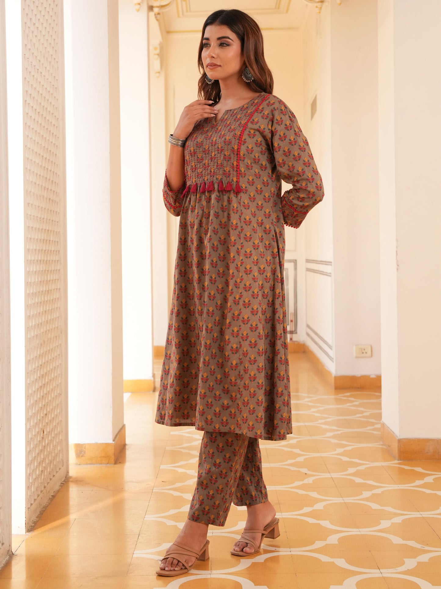 Embroidered Soft Cotton Block Print Panelled Grey Kurta