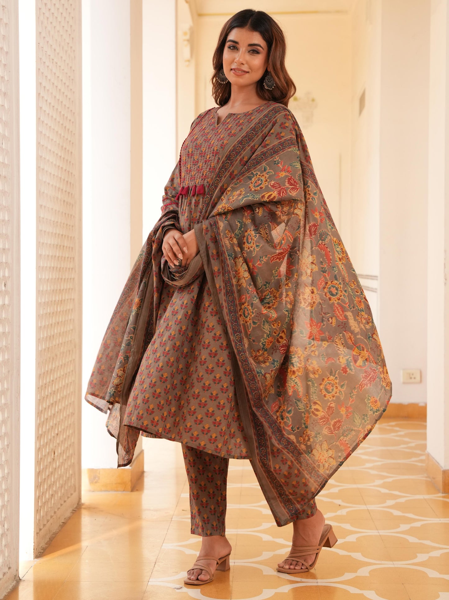 Embroidered Soft Cotton Block Print Panelled Grey Kurta