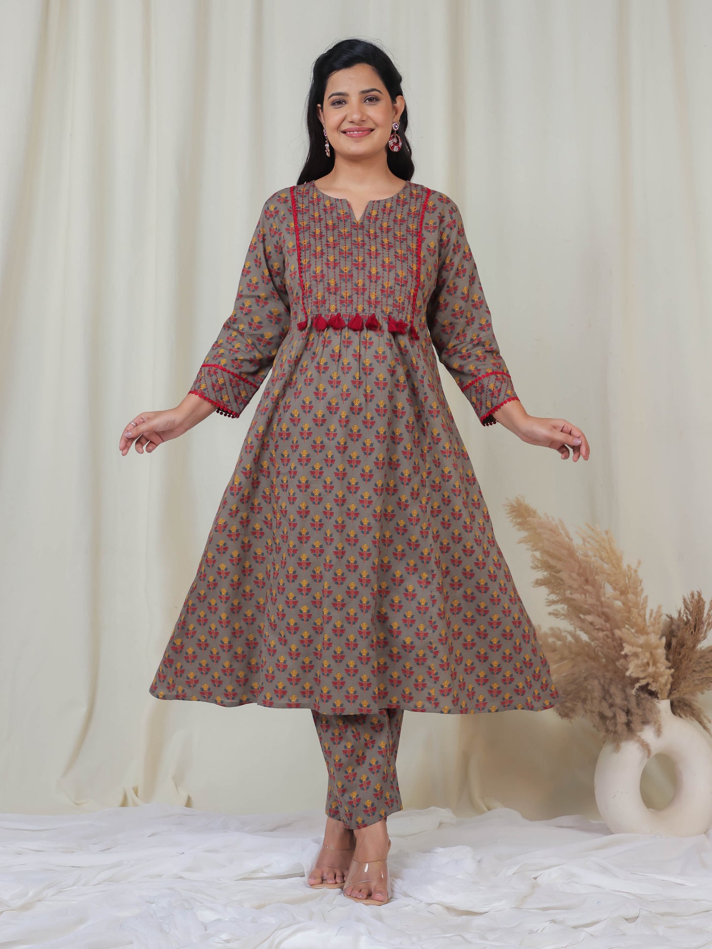 Embroidered Soft Cotton Block Print Panelled Grey Kurta