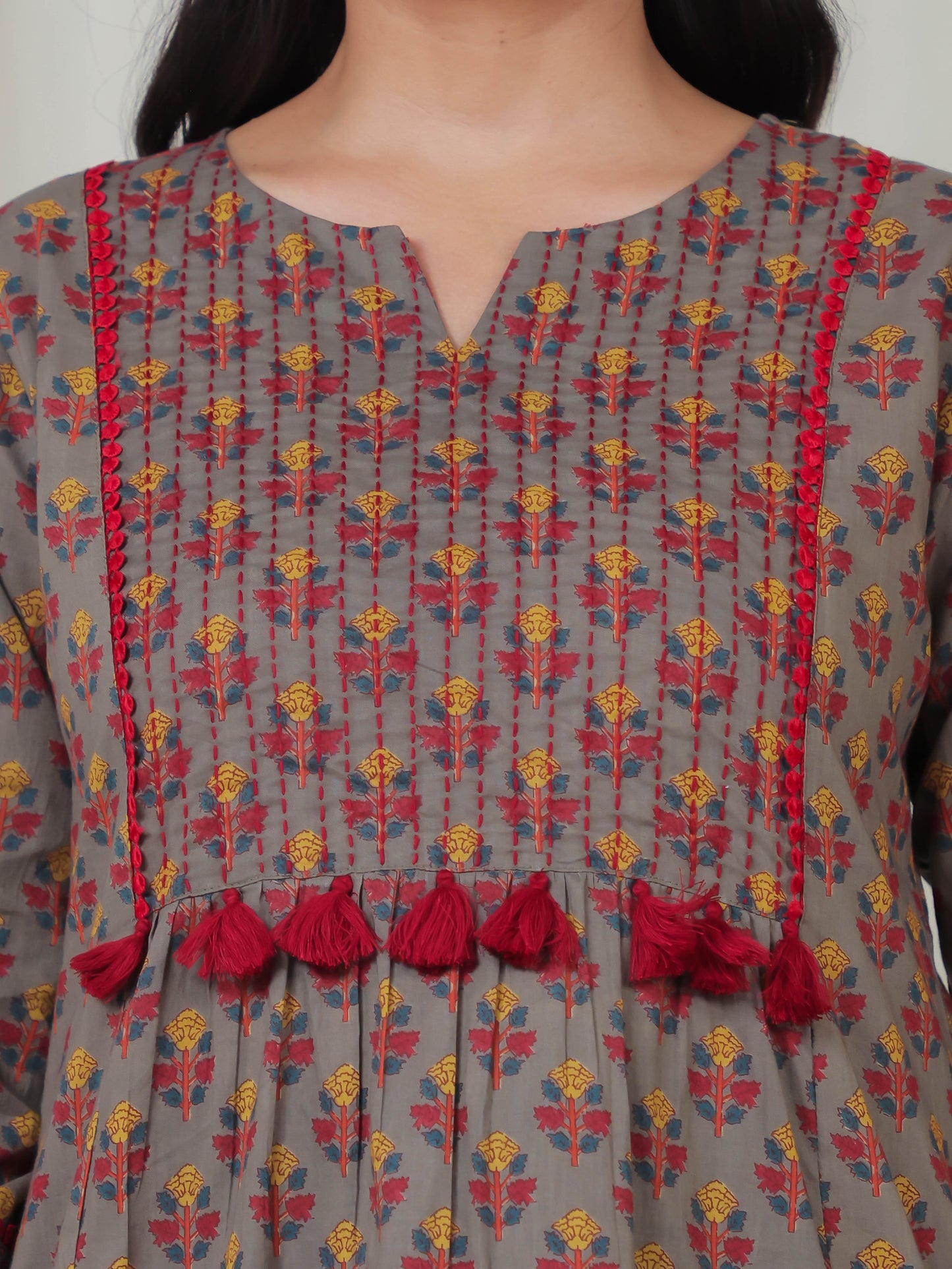 Embroidered Soft Cotton Block Print Panelled Grey Kurta
