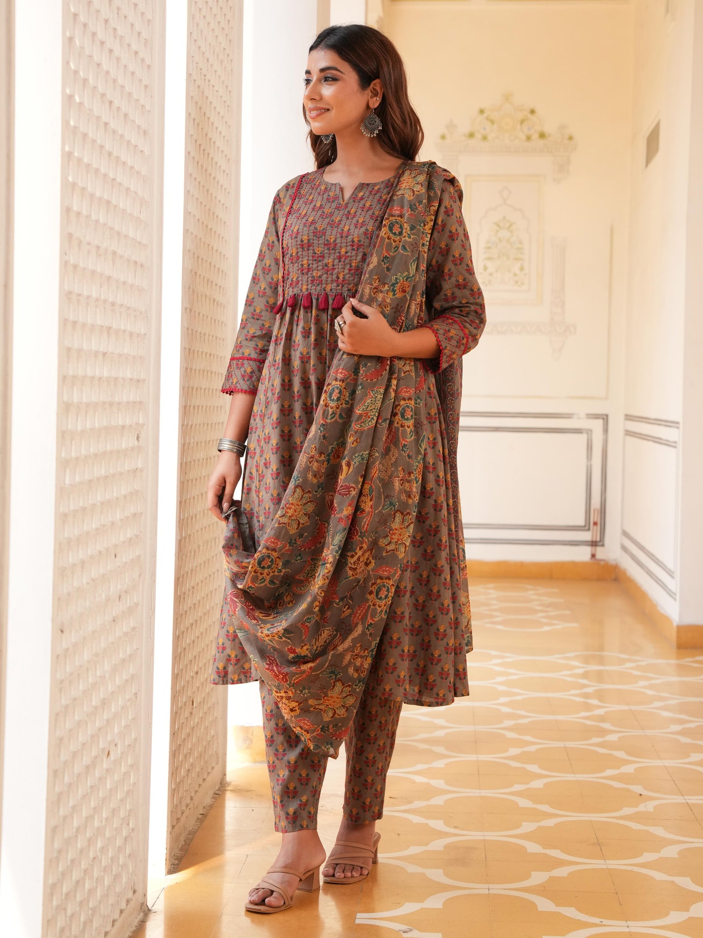 Embroidered Soft Cotton Block Print Panelled Grey Kurta