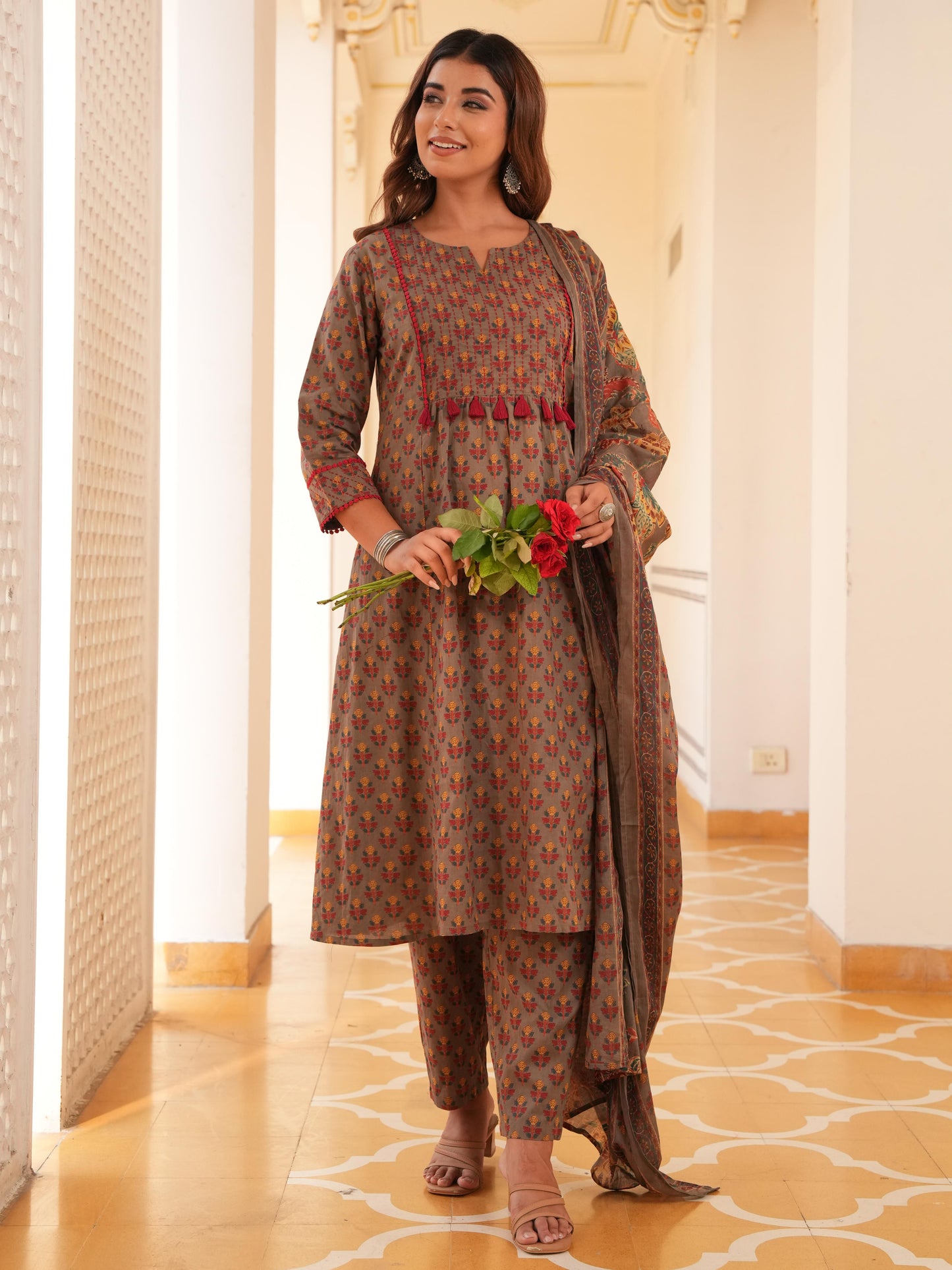 Embroidered Soft Cotton Block Print Panelled Grey Kurta