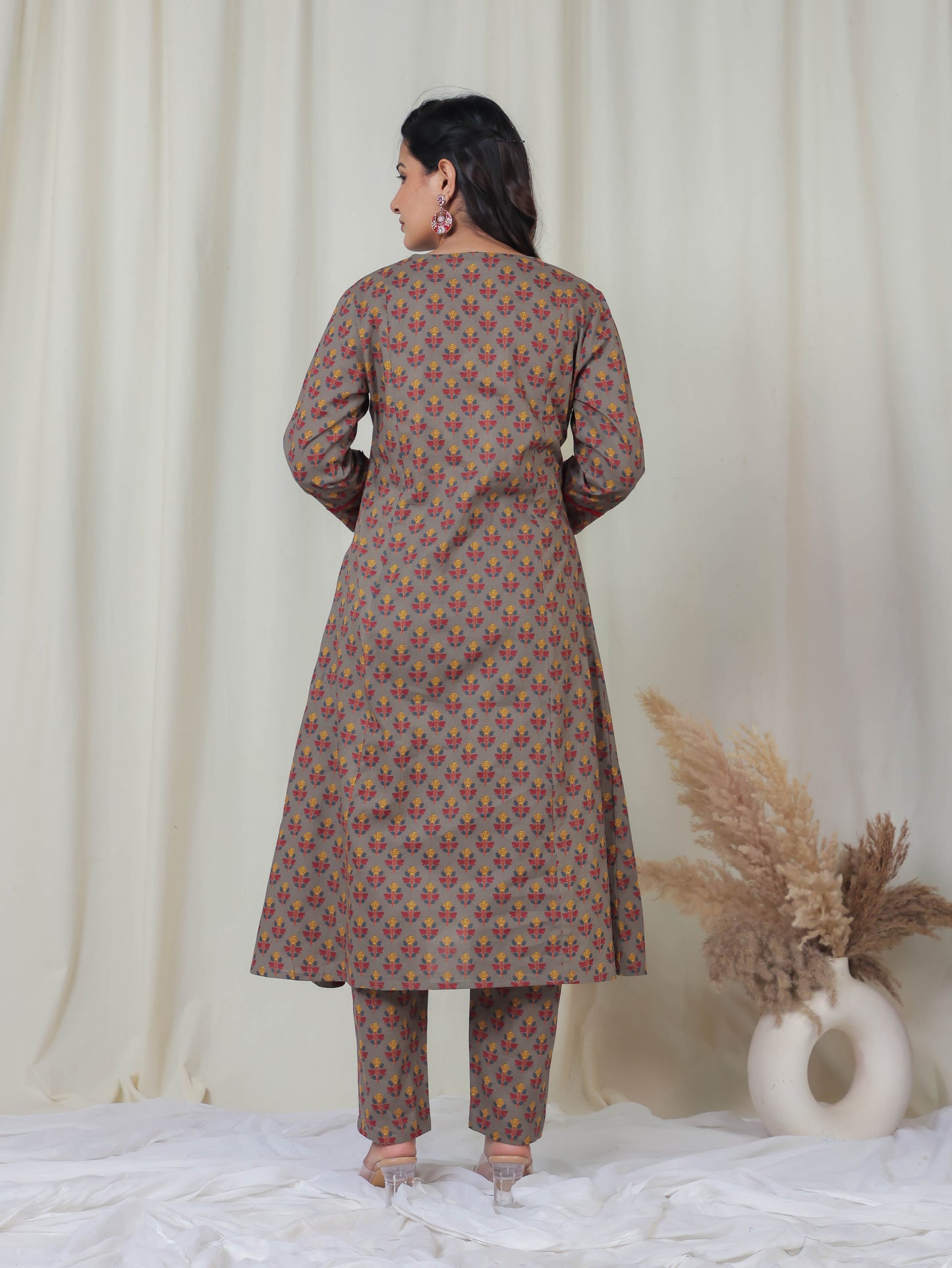 Embroidered Soft Cotton Block Print Panelled Grey Kurta