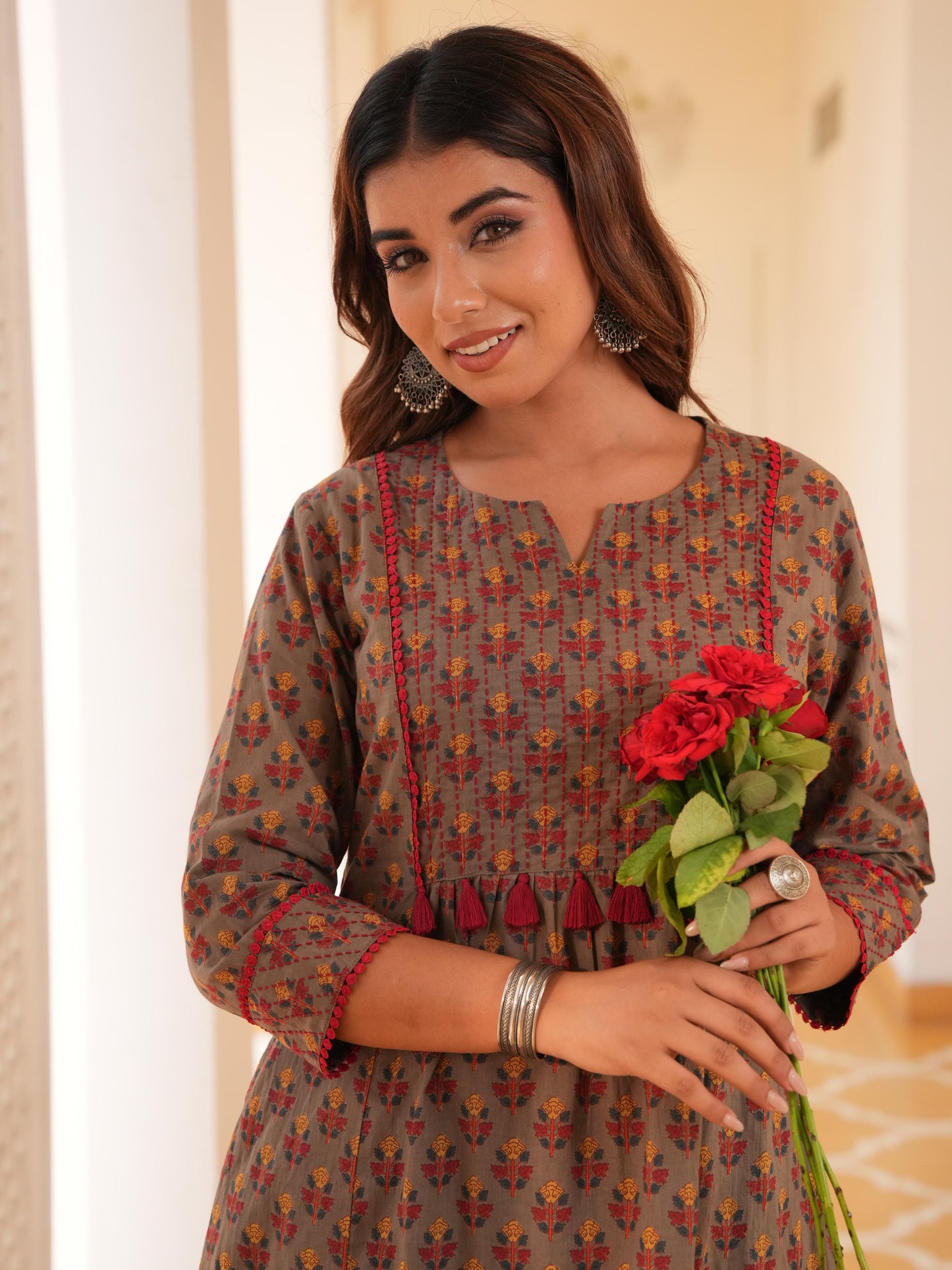Embroidered Soft Cotton Block Print Panelled Grey Kurta