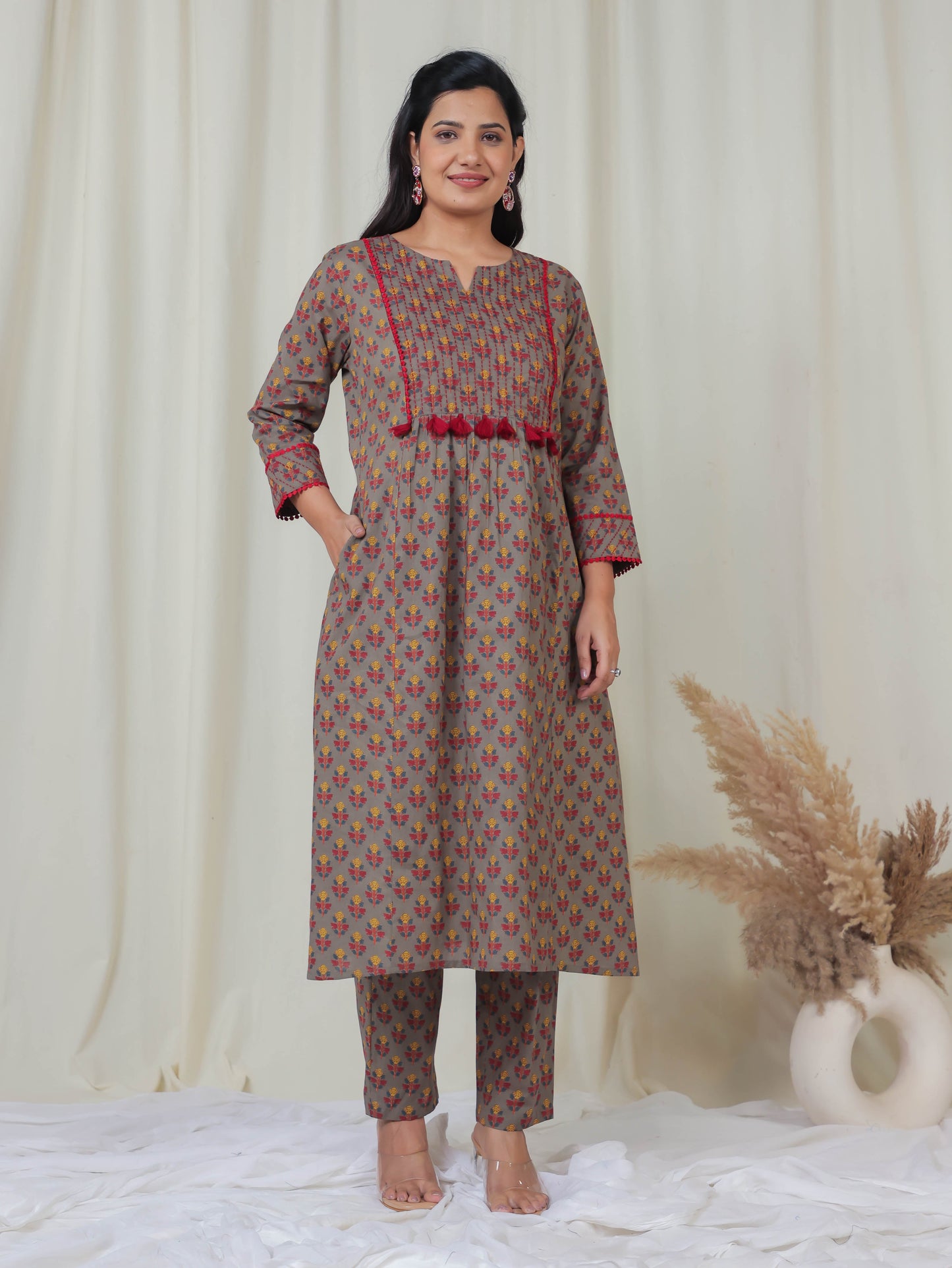 Embroidered Soft Cotton Block Print Panelled Grey Kurta