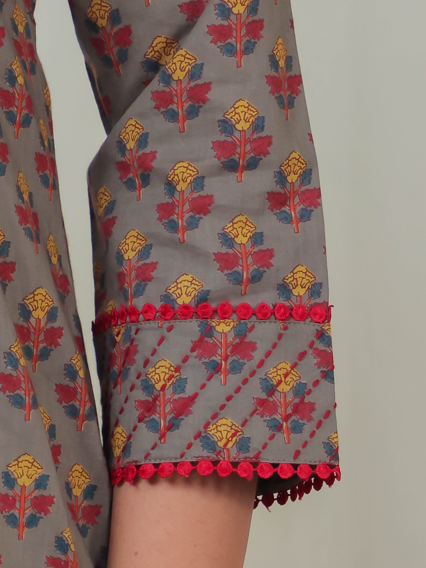 Embroidered Soft Cotton Block Print Panelled Grey Kurta