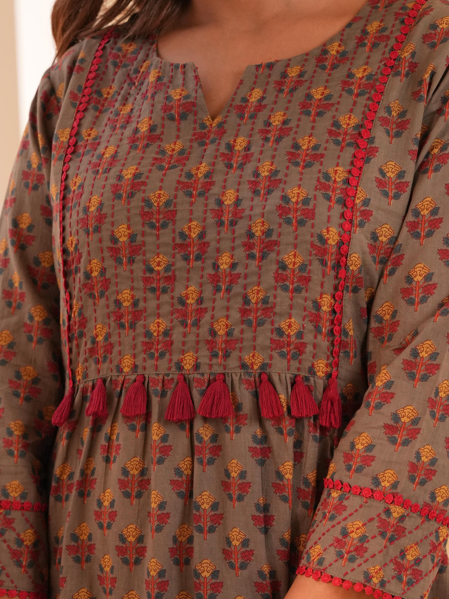 Embroidered Soft Cotton Block Print Panelled Grey Kurta
