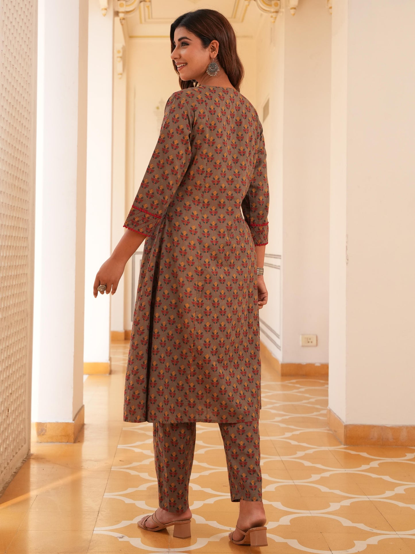 Embroidered Soft Cotton Block Print Panelled Grey Kurta
