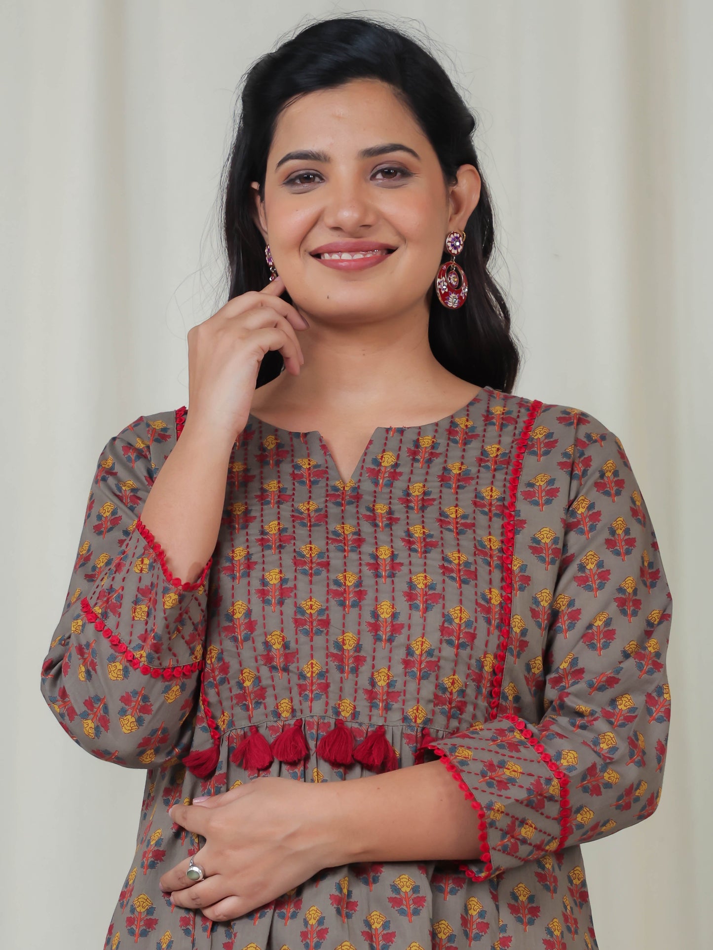 Embroidered Soft Cotton Block Print Panelled Grey Kurta