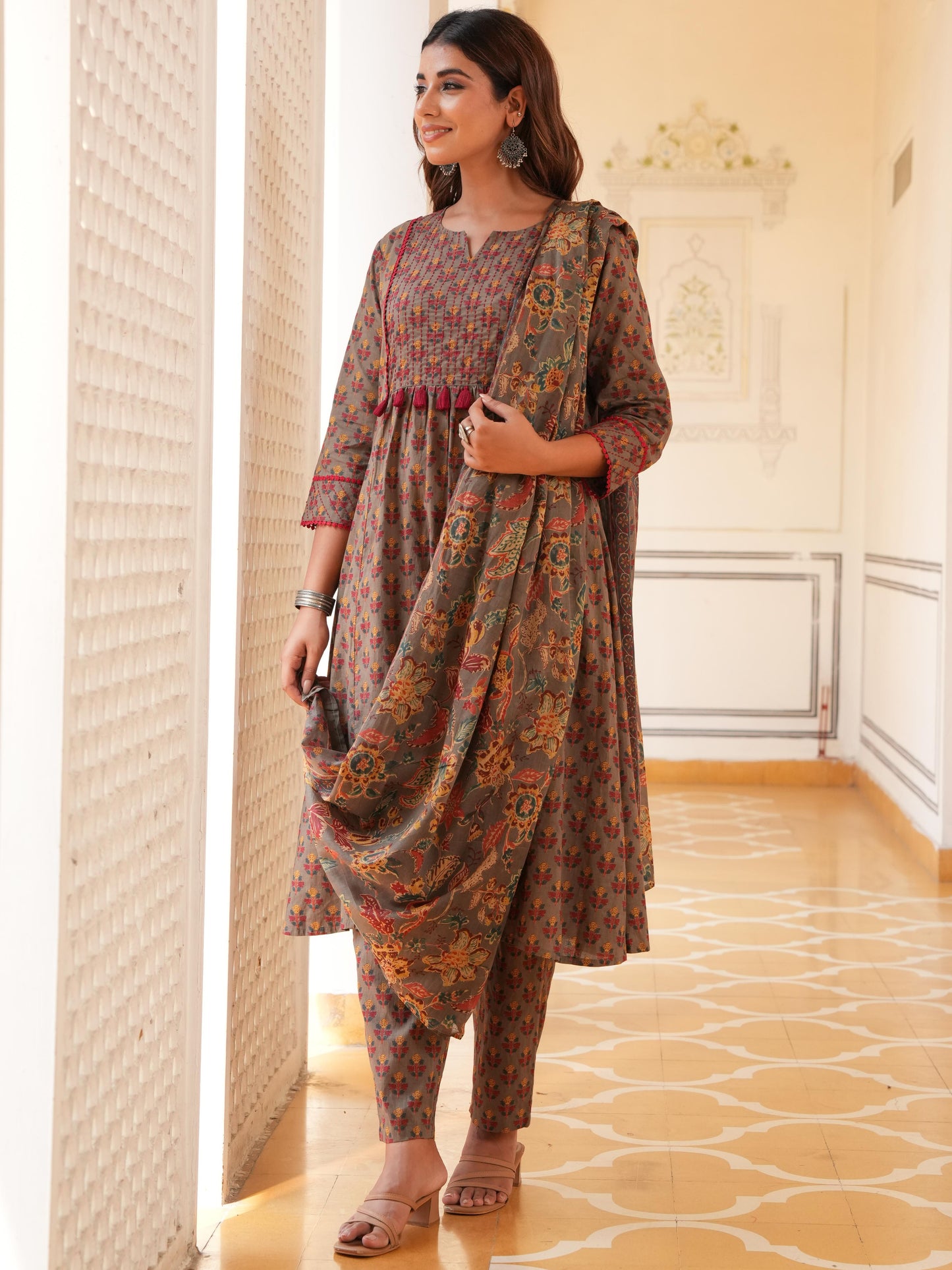 Embroidered Soft Cotton Block Print Panelled Grey Kurta