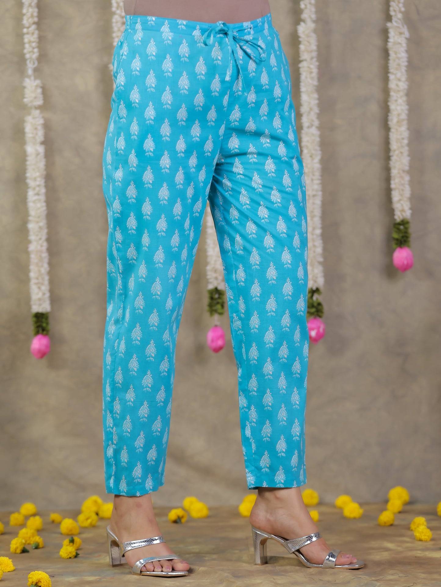 Soft Cotton Floral Blue Tapered Trousers