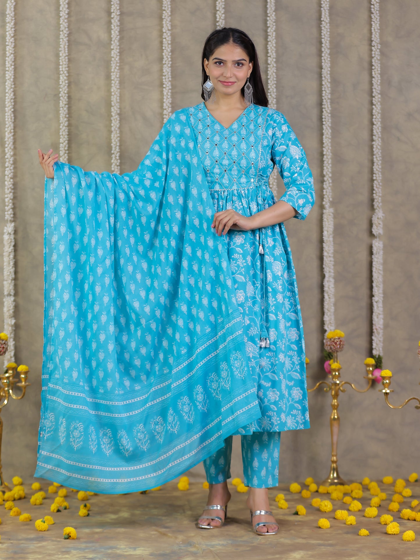 Cotton Voile Floral Blue Dupatta