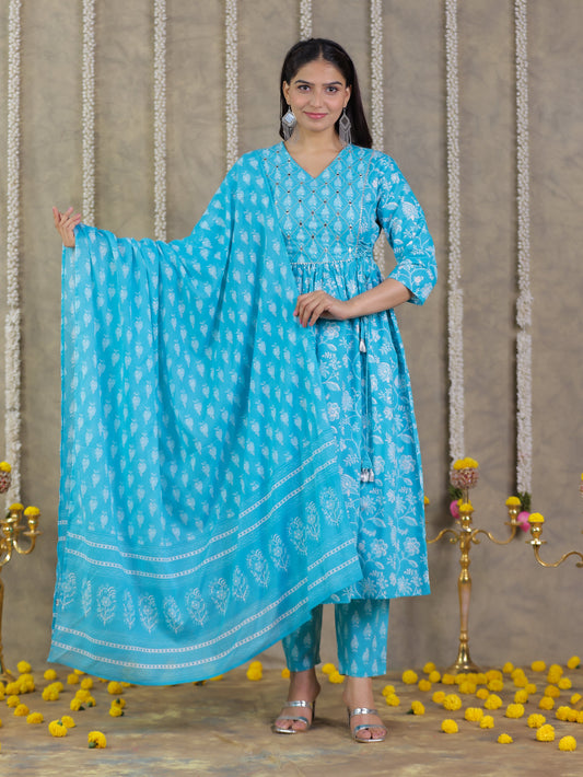 Cotton Voile Floral Blue Dupatta