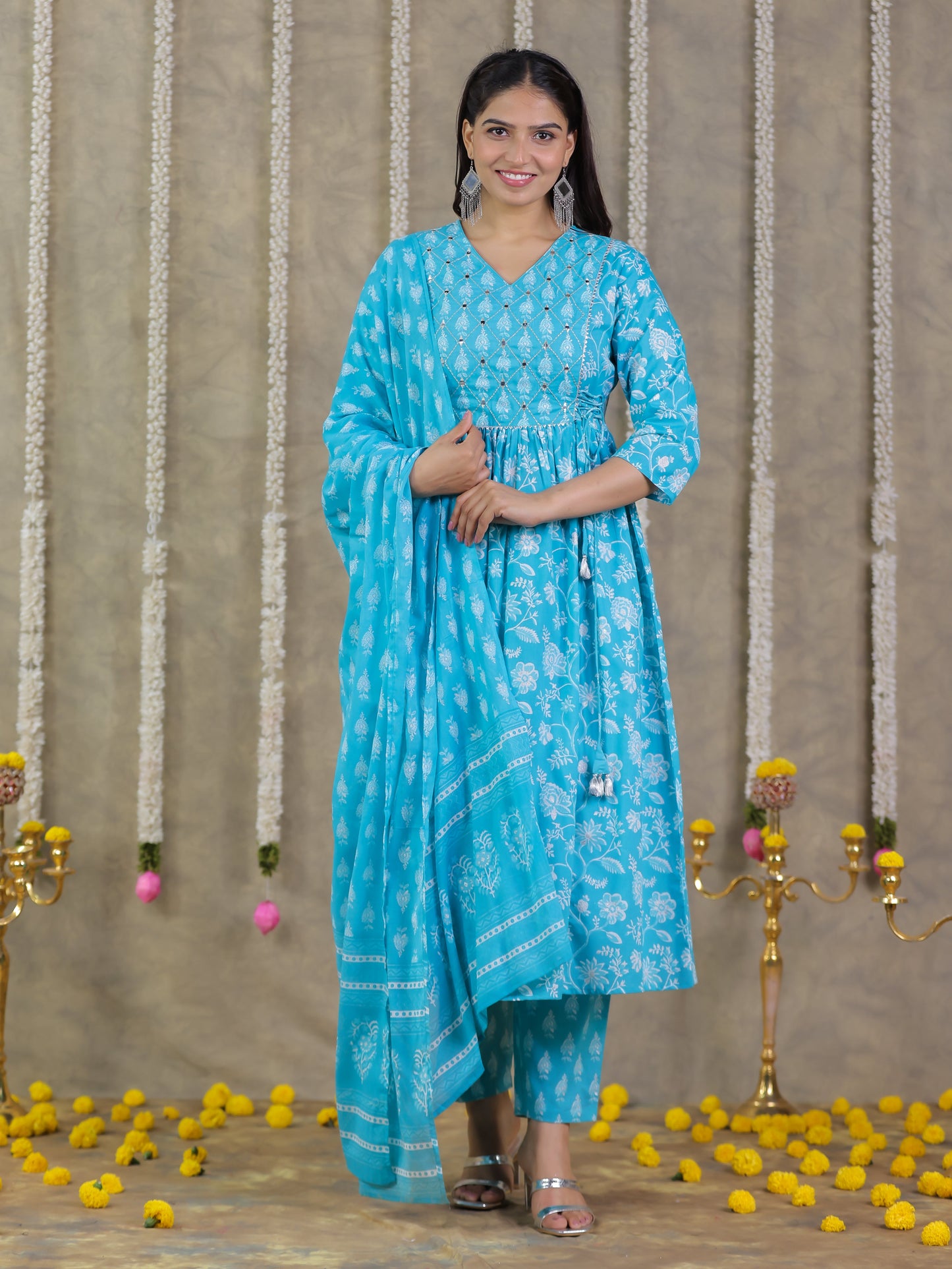 Cotton Voile Floral Blue Dupatta