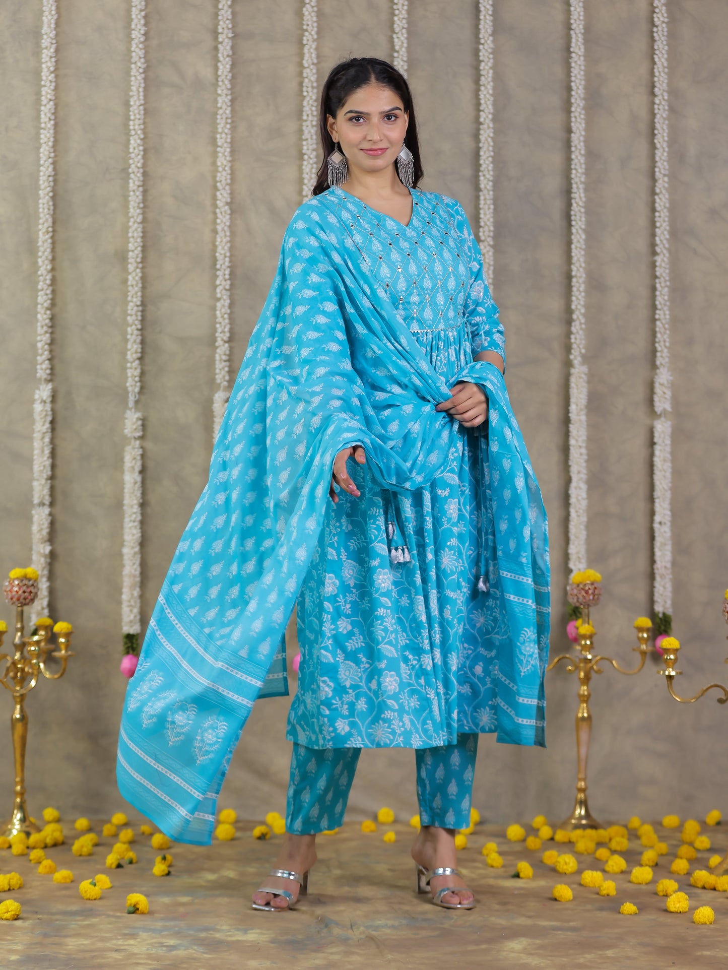 Cotton Voile Floral Blue Dupatta