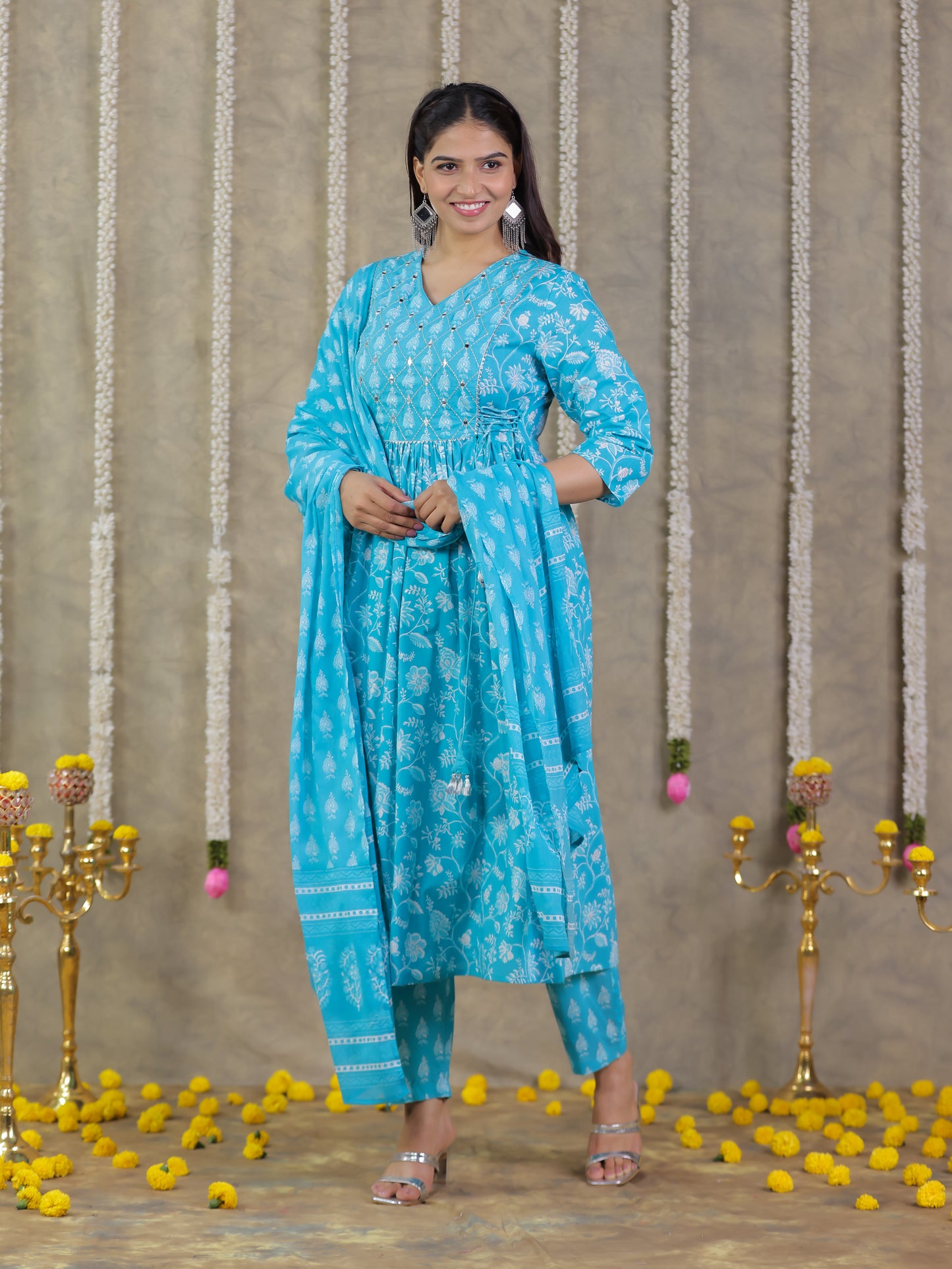 Embroidered Soft Cotton Floral Flared Blue Kurta
