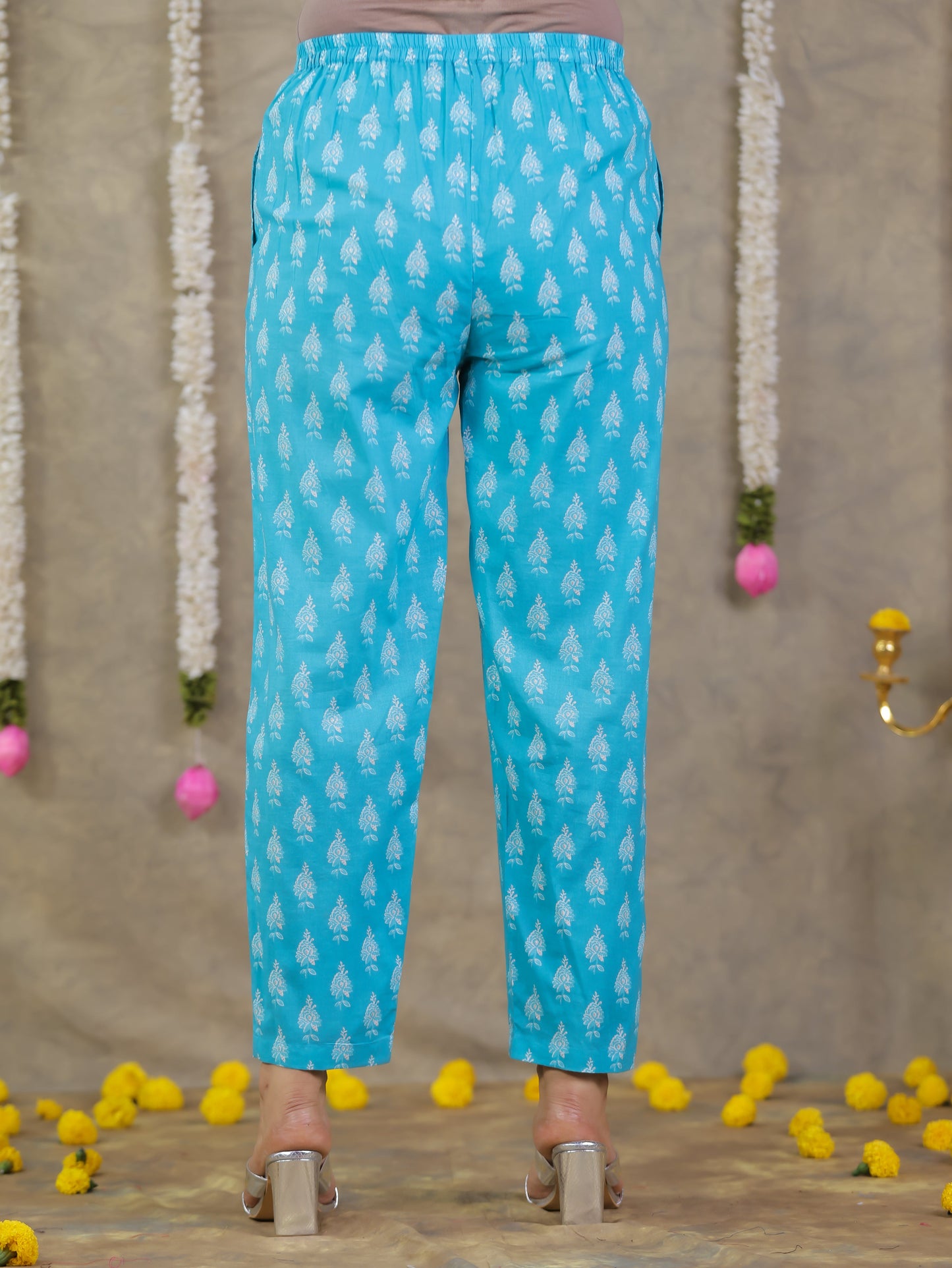 Embroidered Soft Cotton Floral Flared Blue Kurta