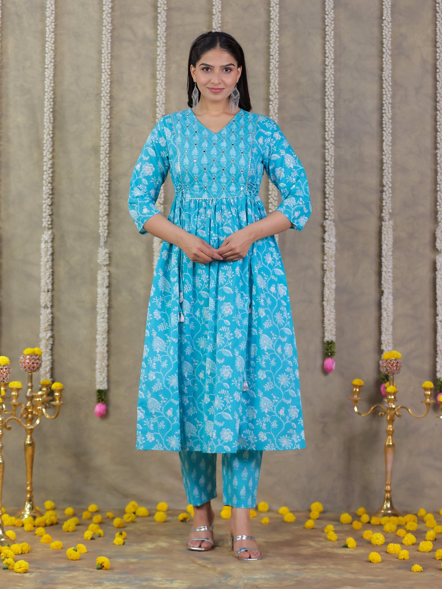 Embroidered Soft Cotton Floral Flared Blue Kurta
