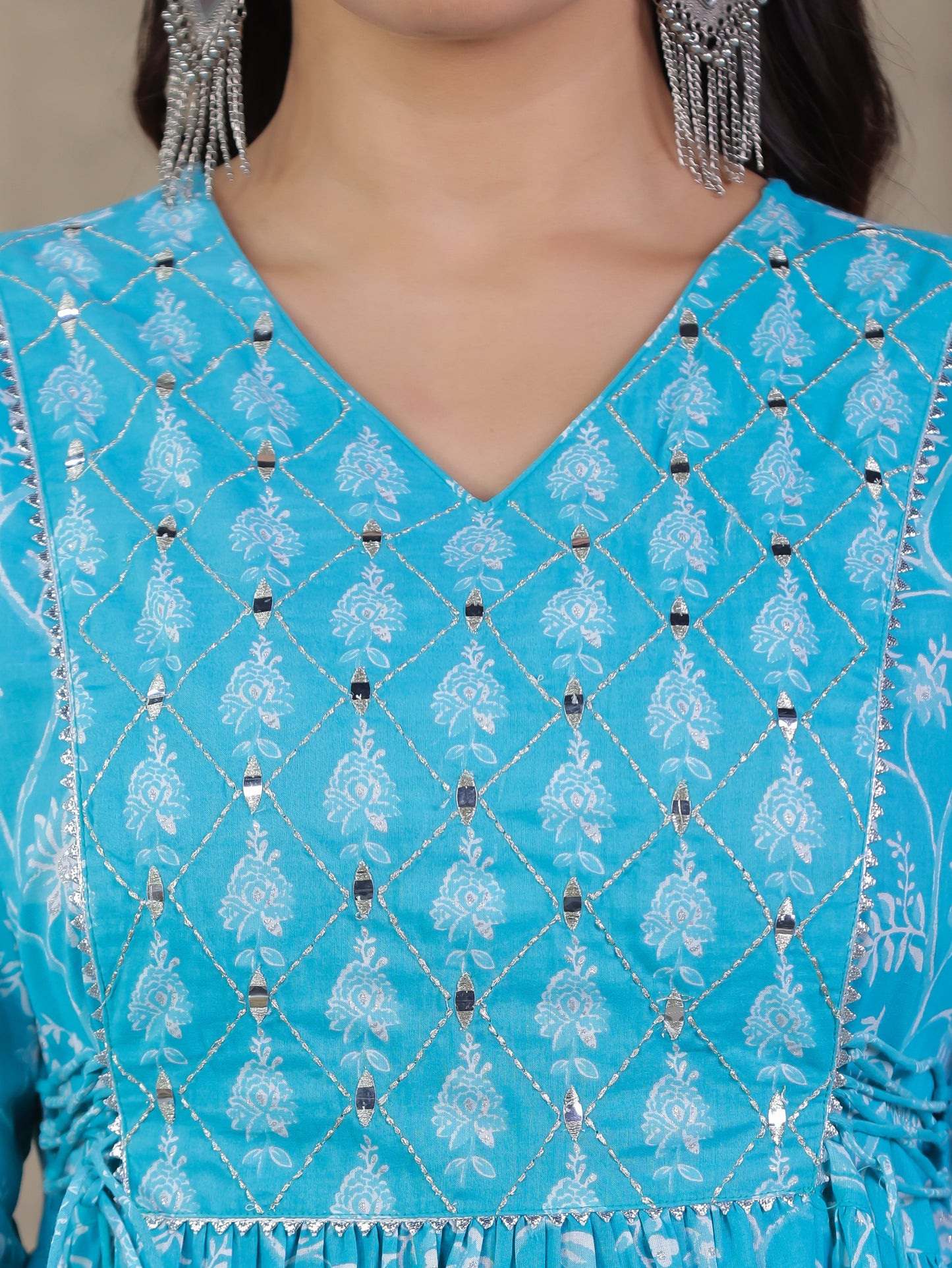 Embroidered Soft Cotton Floral Flared Blue Kurta