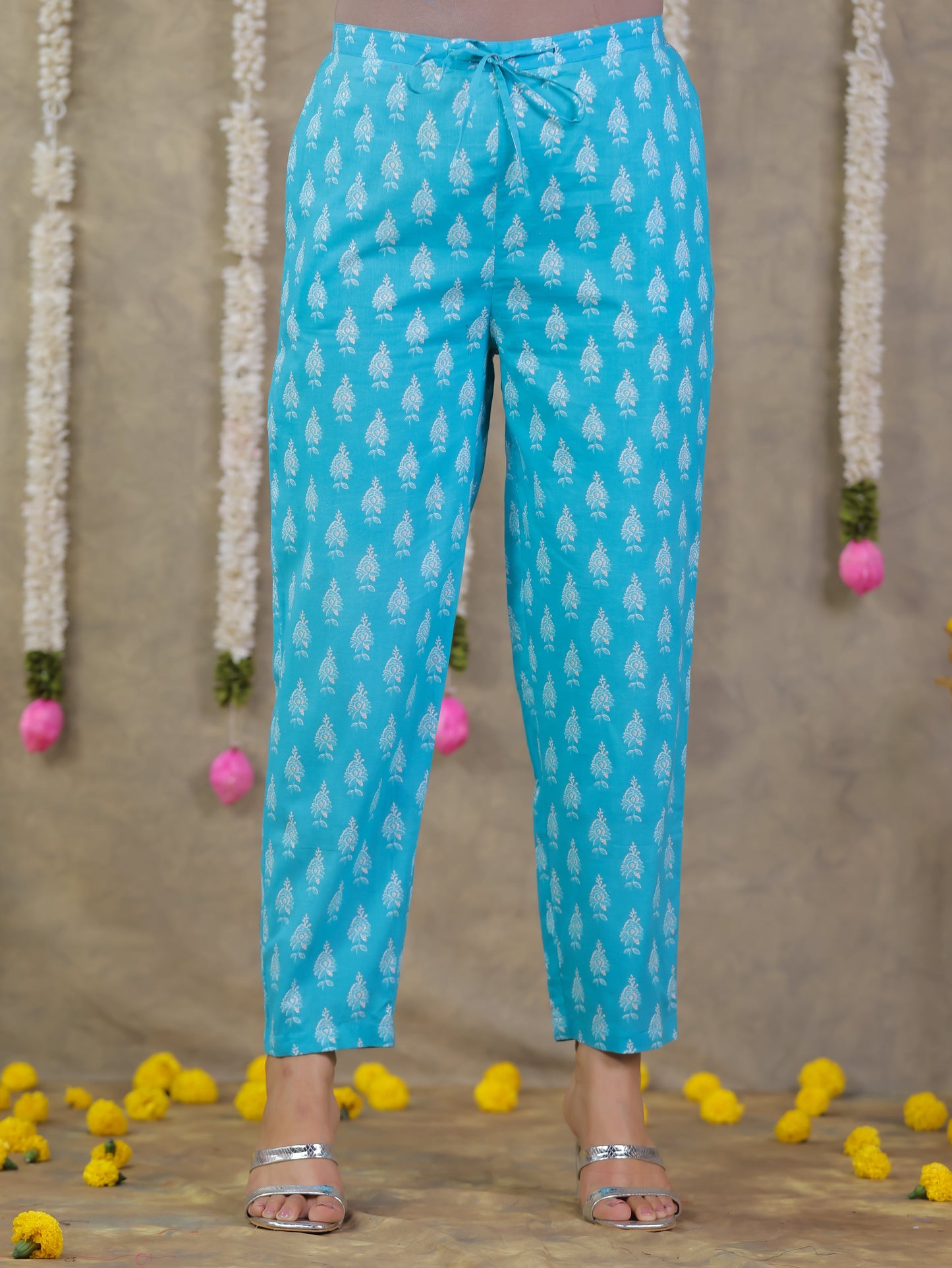 Embroidered Soft Cotton Floral Flared Blue Kurta
