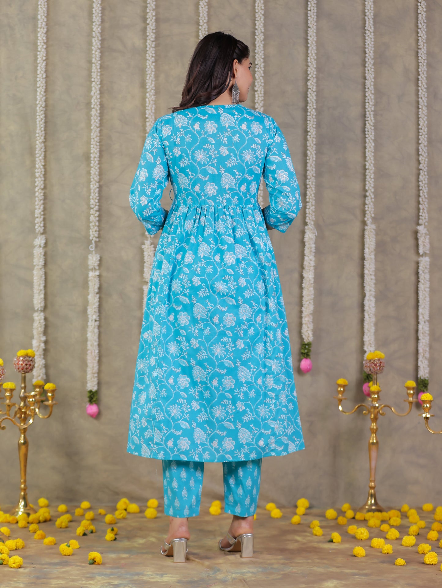 Embroidered Soft Cotton Floral Flared Blue Kurta