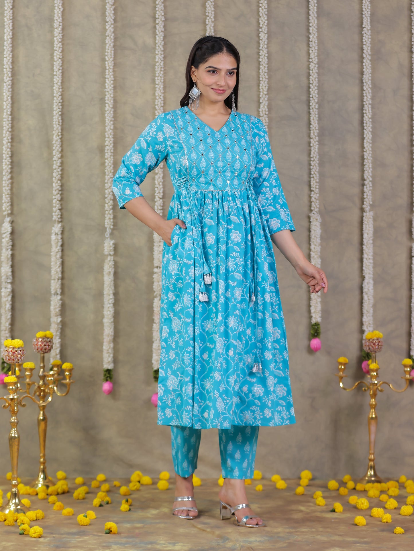 Embroidered Soft Cotton Floral Flared Blue Kurta