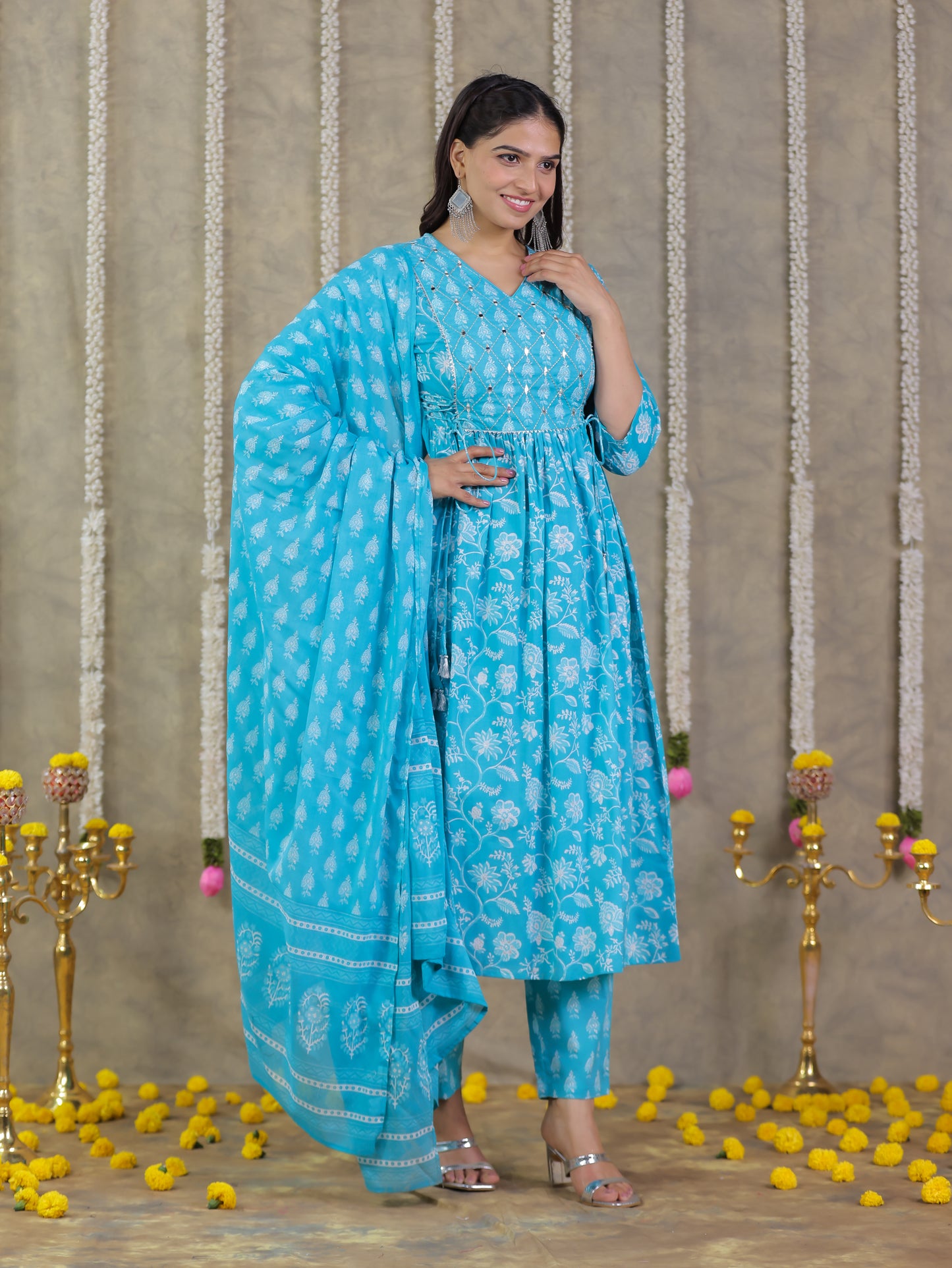 Embroidered Soft Cotton Floral Flared Blue Kurta