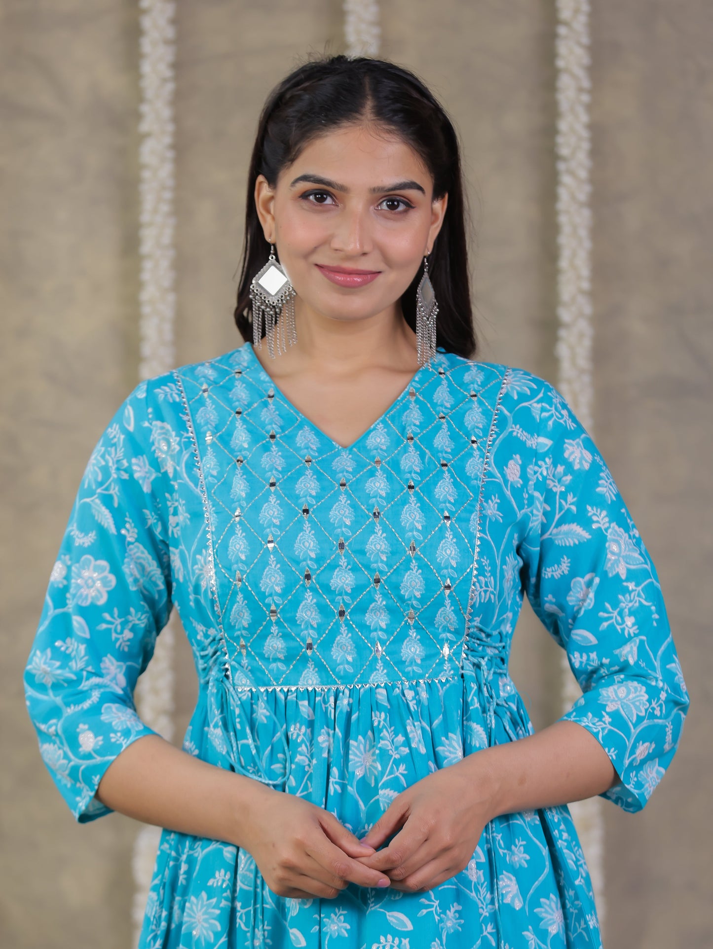 Embroidered Soft Cotton Floral Flared Blue Kurta