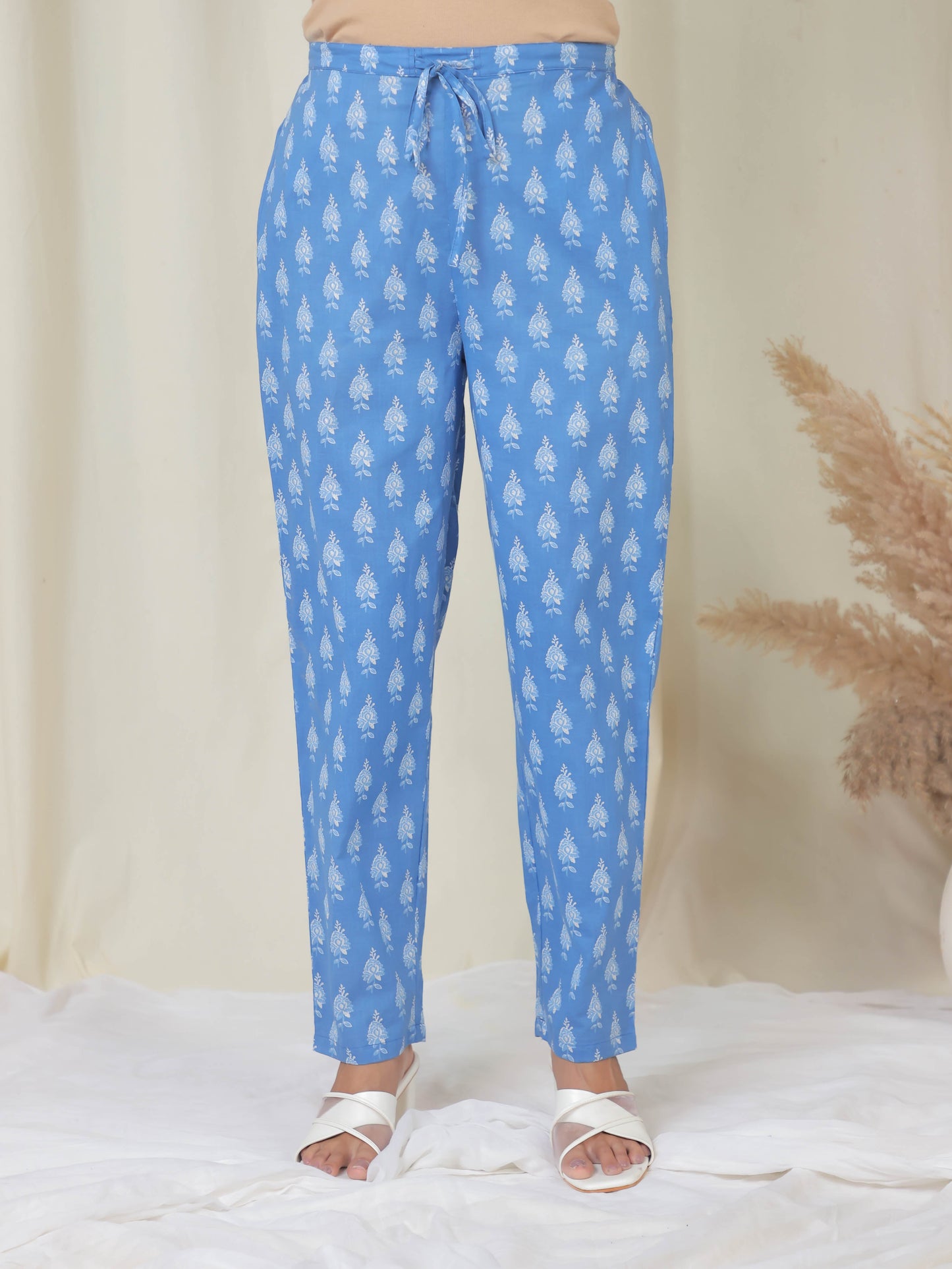 Soft Cotton Floral Blue Tapered Trousers