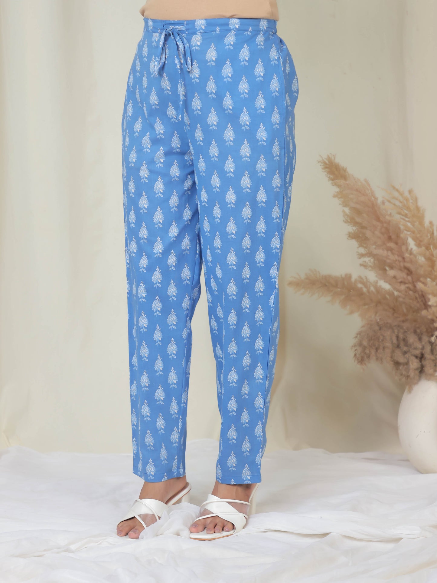 Soft Cotton Floral Blue Tapered Trousers