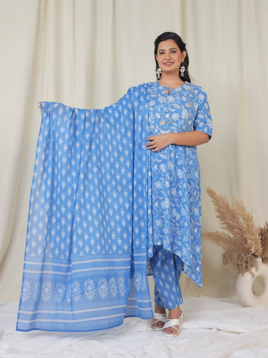 Cotton Voile Floral Blue Dupatta